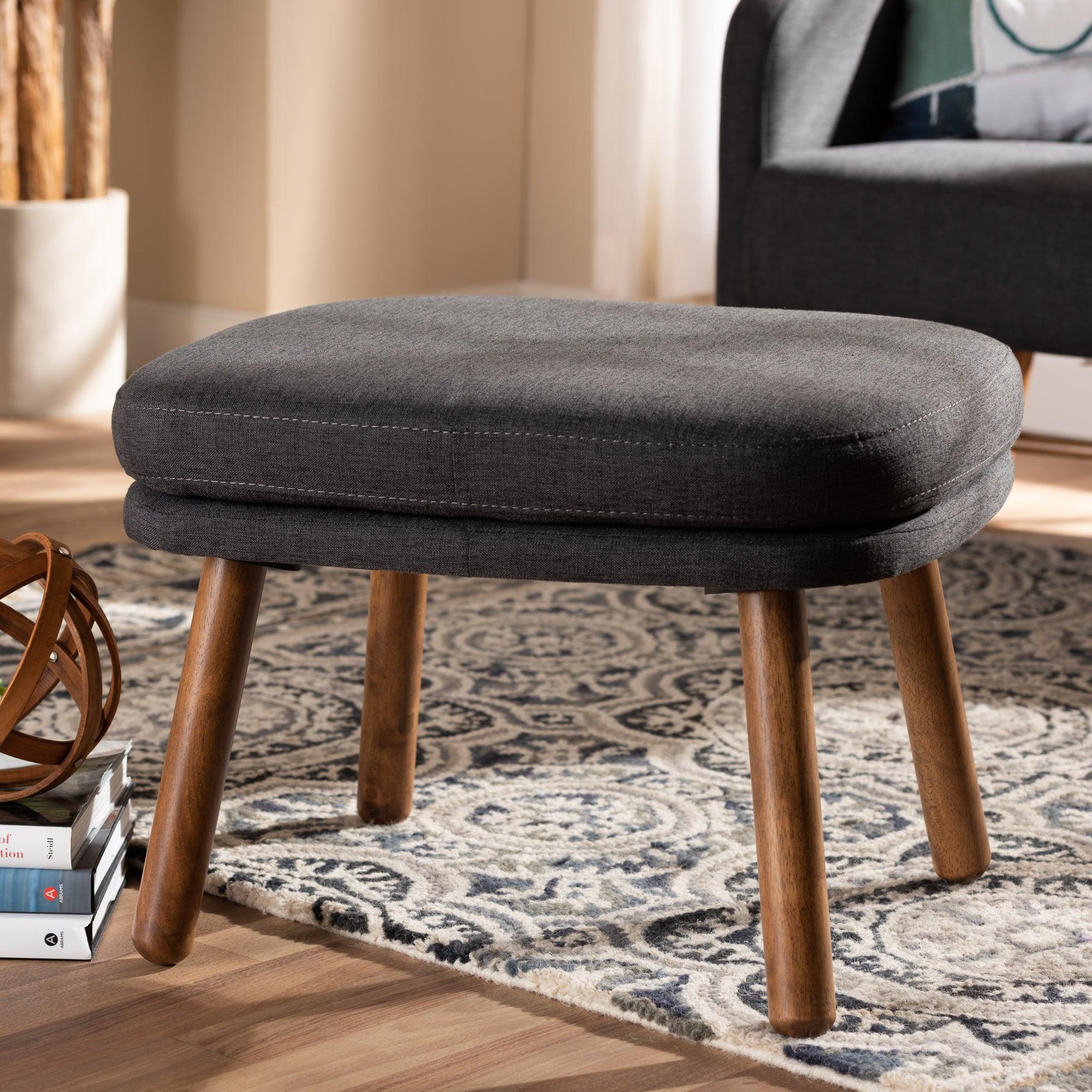 Lovise Mid-Century Modern Dark Fabric Upholstered Finished Wood Ottoman