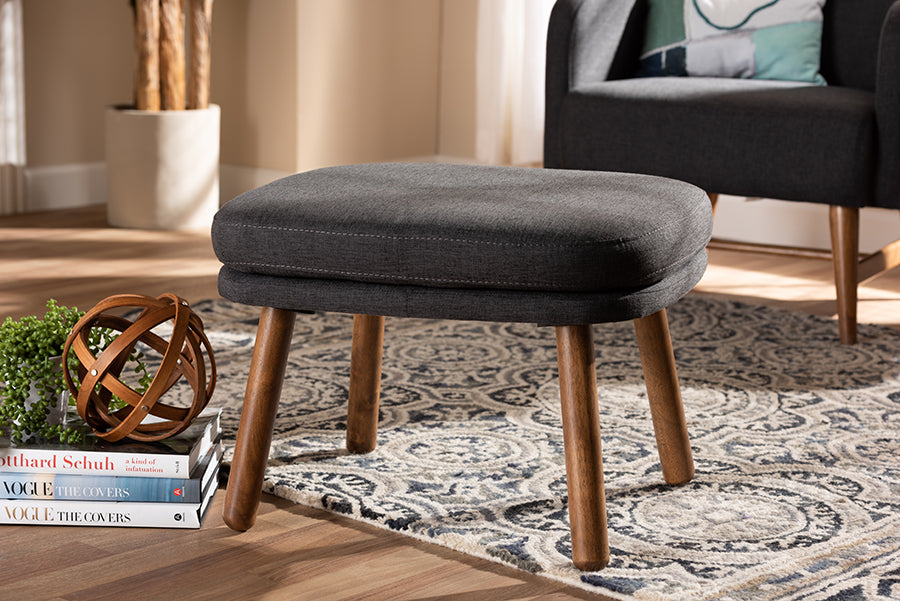 Lovise Mid-Century Modern Fabric Upholstered Finished Wood Ottoman
