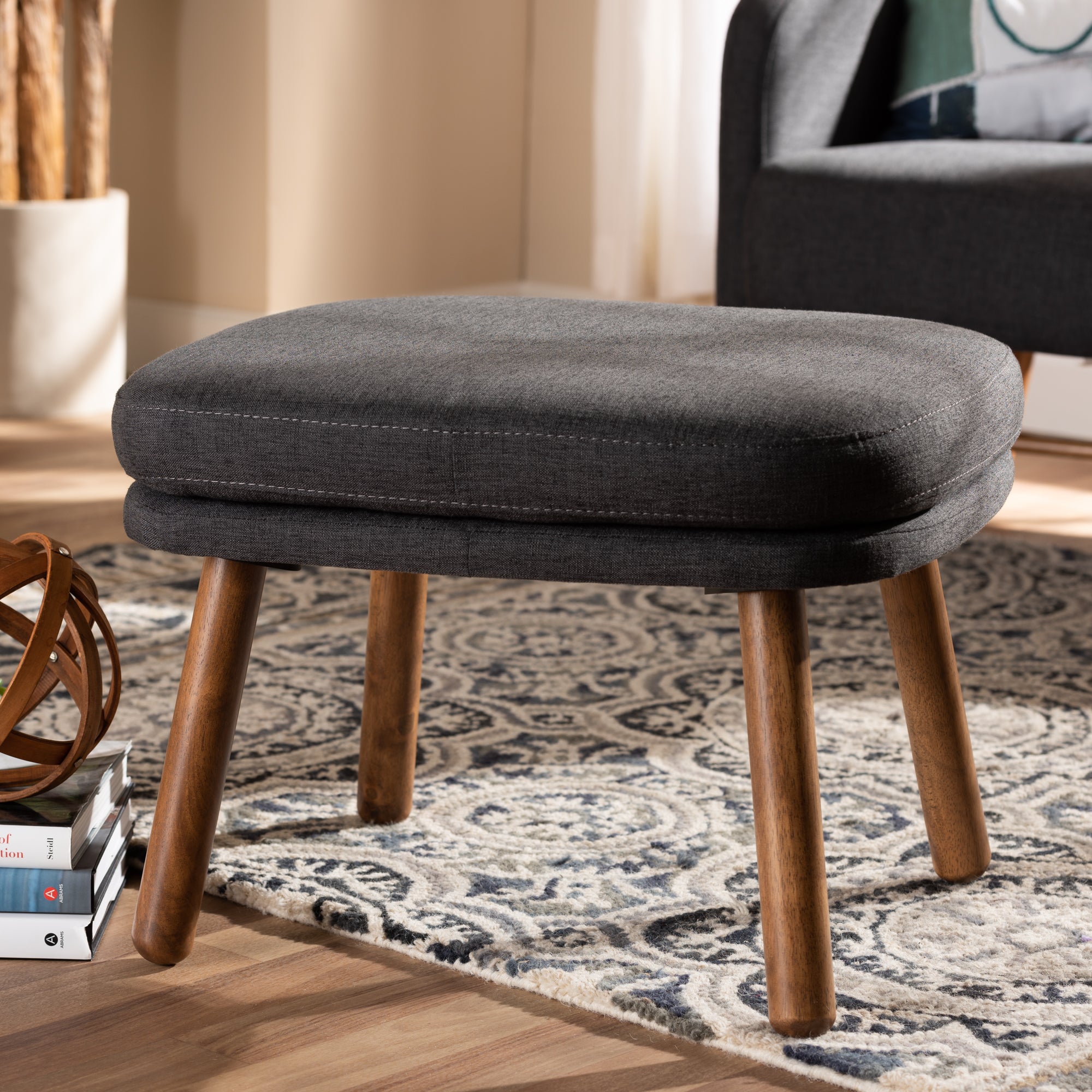 Lovise Mid-Century Modern Fabric Upholstered Finished Wood Ottoman
