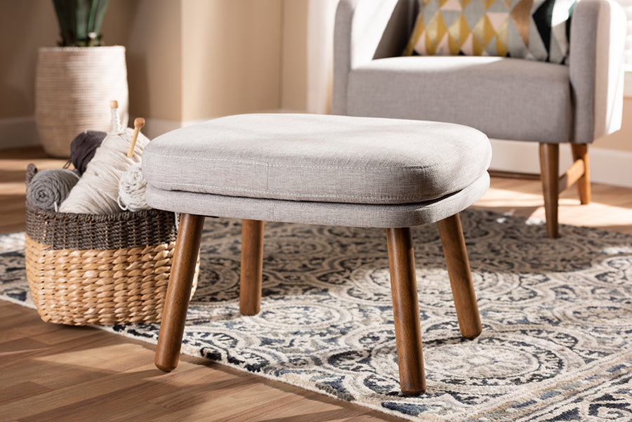 Lovise Mid-Century Modern Fabric Upholstered Finished Wood Ottoman