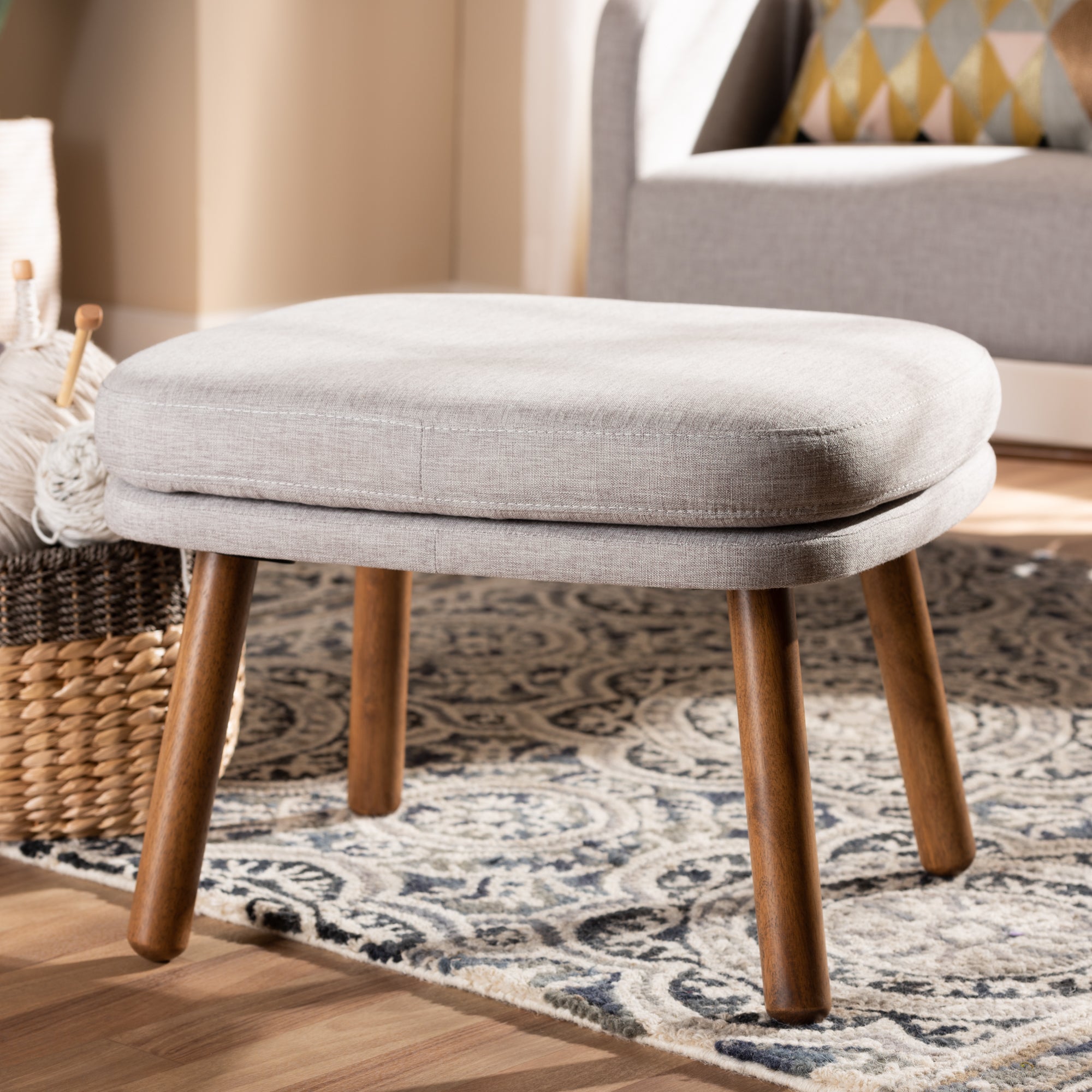 Lovise Mid-Century Modern Fabric Upholstered Finished Wood Ottoman