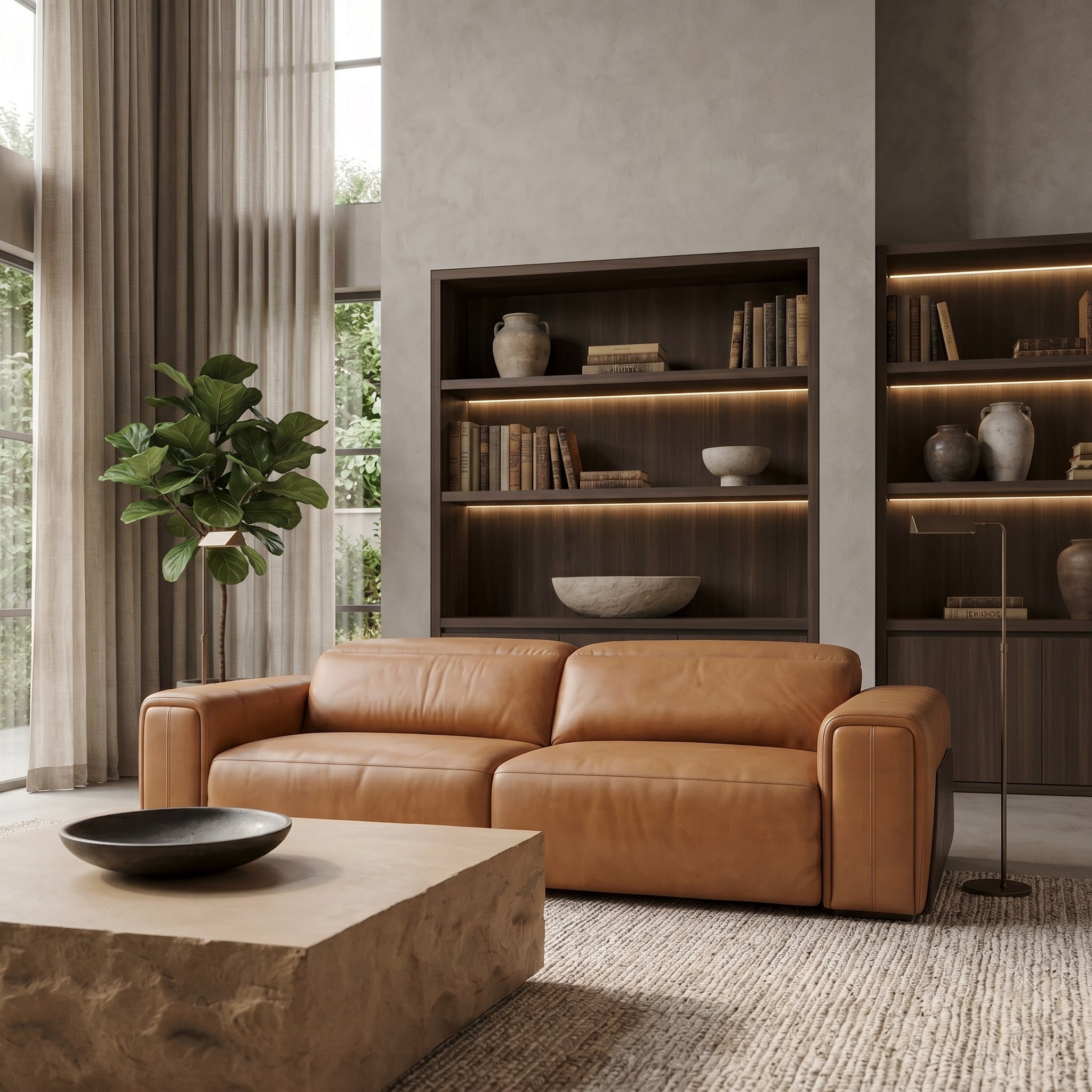 Sandstone Modern Leather Sofa w/ 2 Electric Recliners
