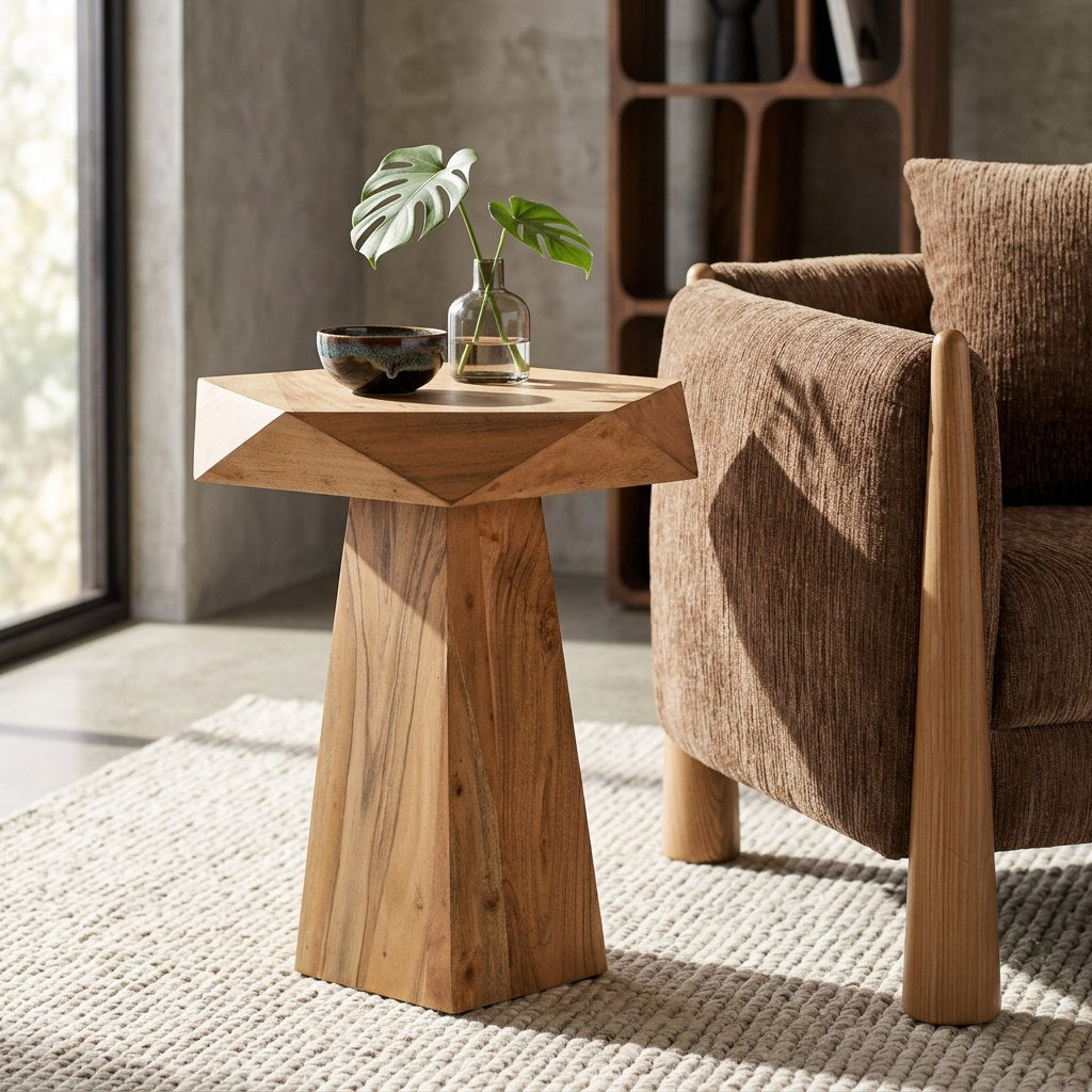Duffy Modern Acacia Pentagon End Table