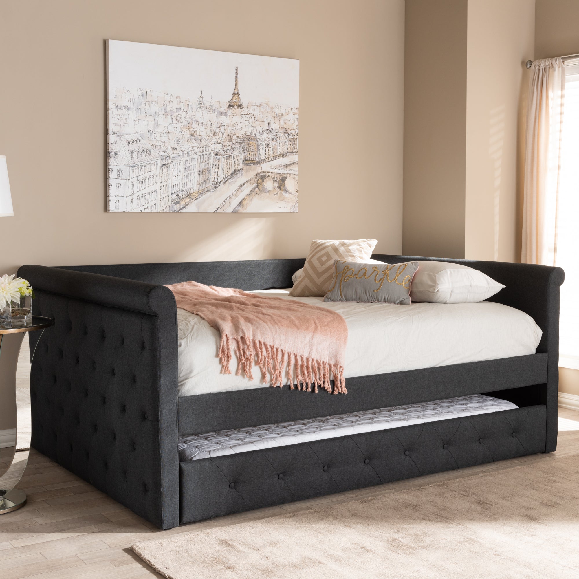 Alena Modern and Contemporary Dark Fabric Upholstered Daybed with Trundle