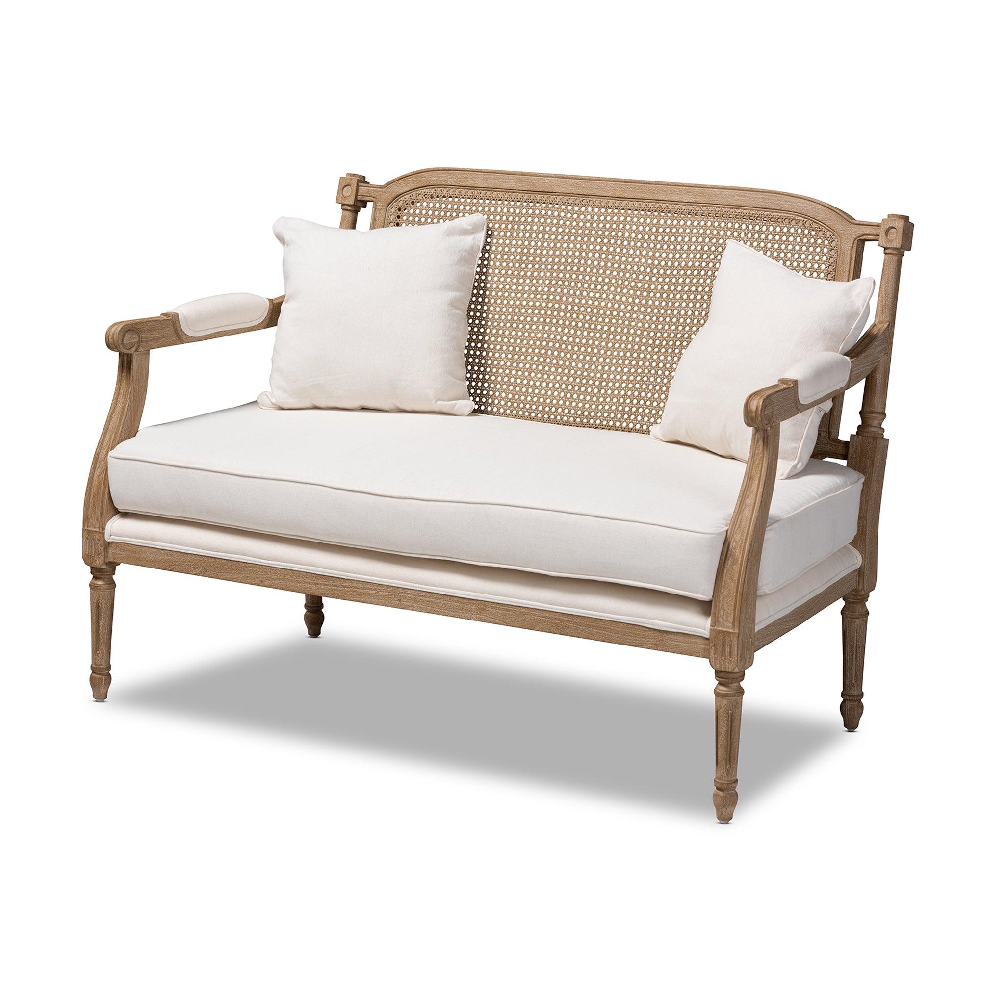 Clemence French Provincial Fabric Upholstered washed Wood Loveseat