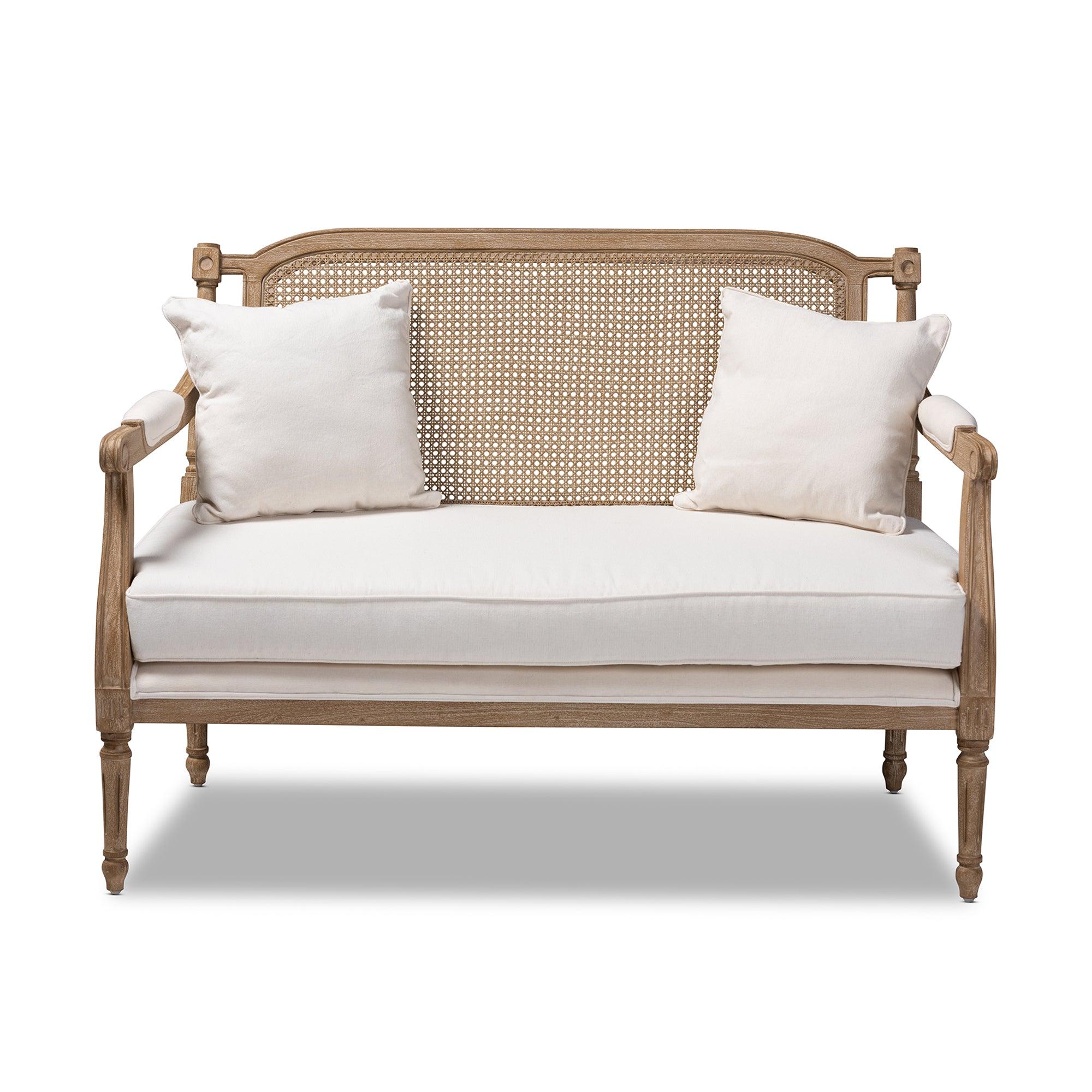Clemence French Provincial Fabric Upholstered washed Wood Loveseat