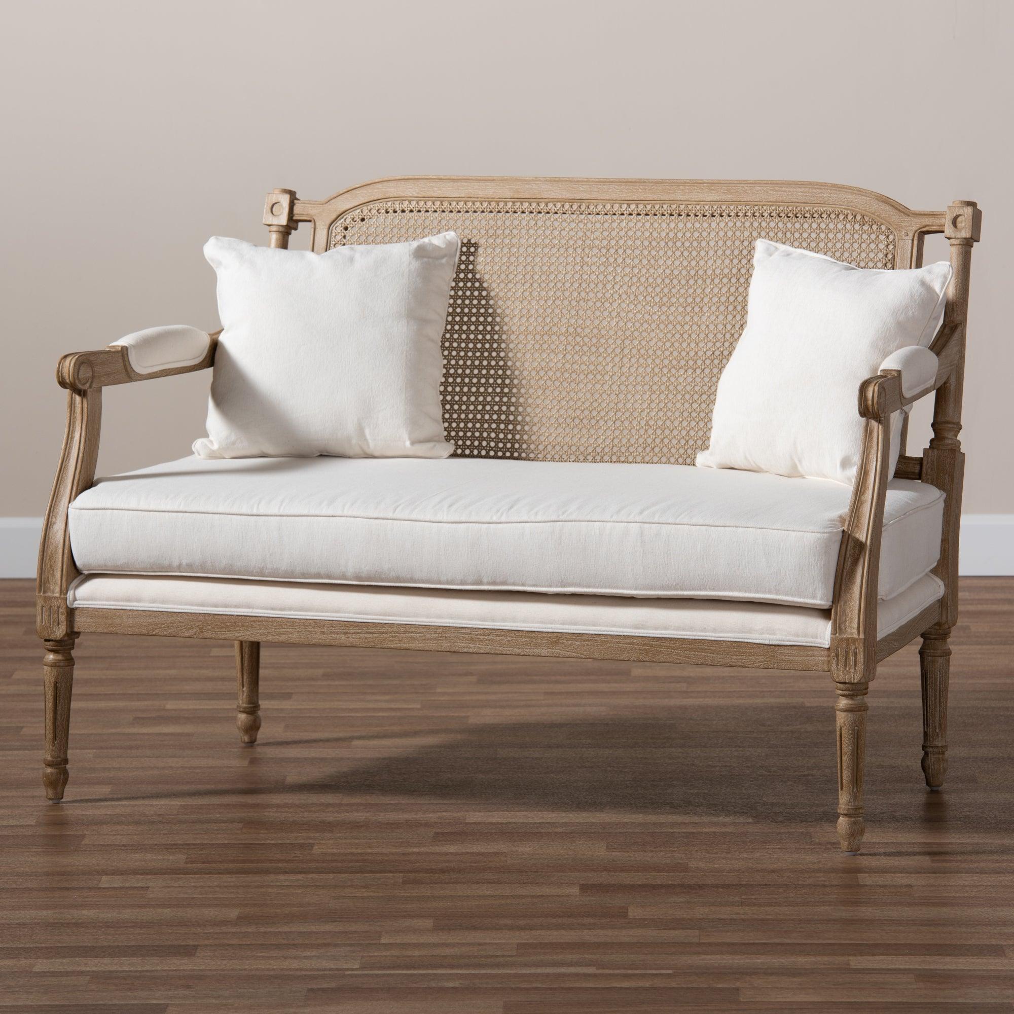Clemence French Provincial Fabric Upholstered washed Wood Loveseat