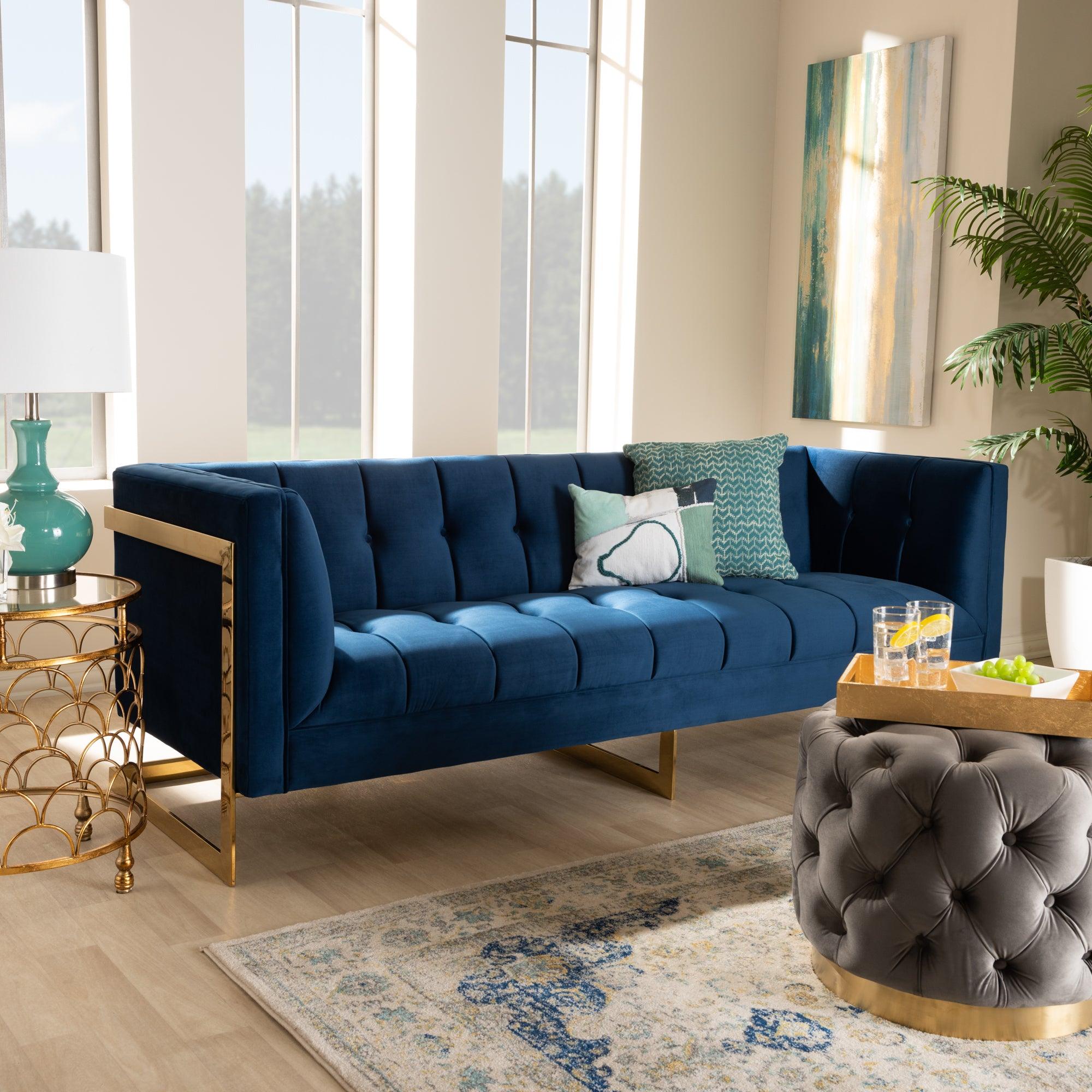 Ambra Glam and Luxe Royal Velvet Fabric Upholstered and Button Tufted Sofa with -Tone Frame