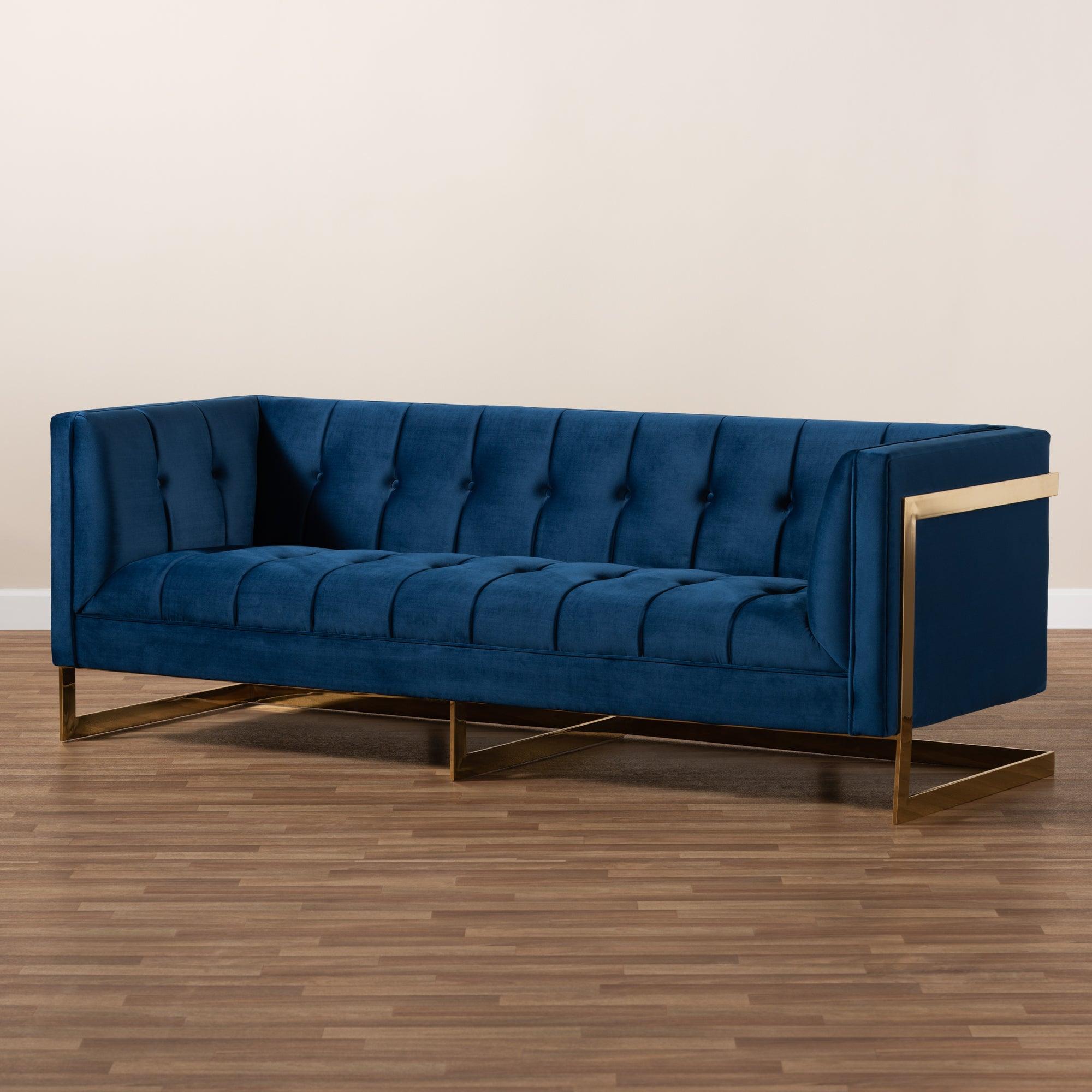 Ambra Glam and Luxe Royal Velvet Fabric Upholstered and Button Tufted Sofa with -Tone Frame