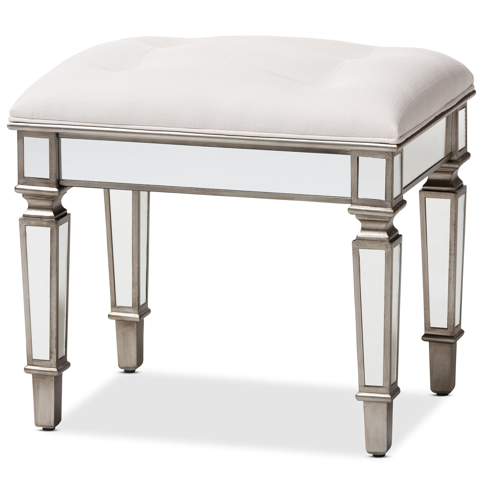 Marielle Hollywood Regency Glamour Style Off Fabric Upholstered Mirrored Ottoman