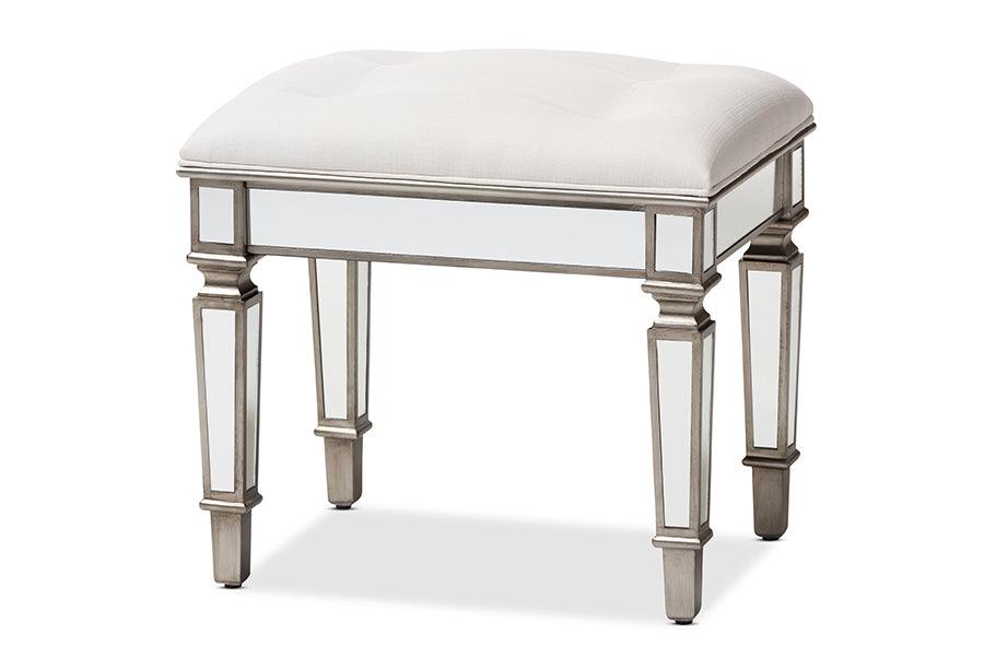 Marielle Hollywood Regency Glamour Style Off Fabric Upholstered Mirrored Ottoman