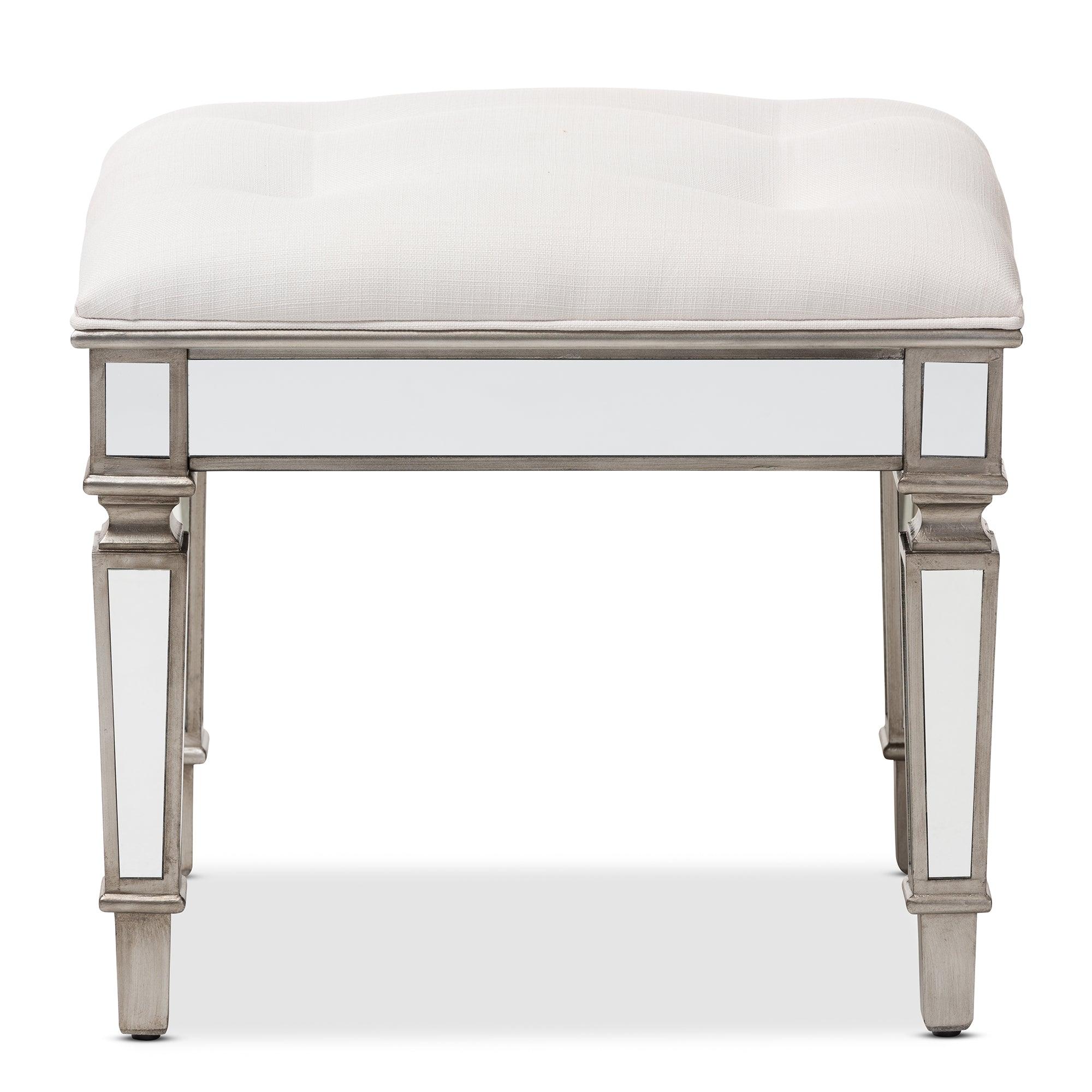 Marielle Hollywood Regency Glamour Style Off Fabric Upholstered Mirrored Ottoman