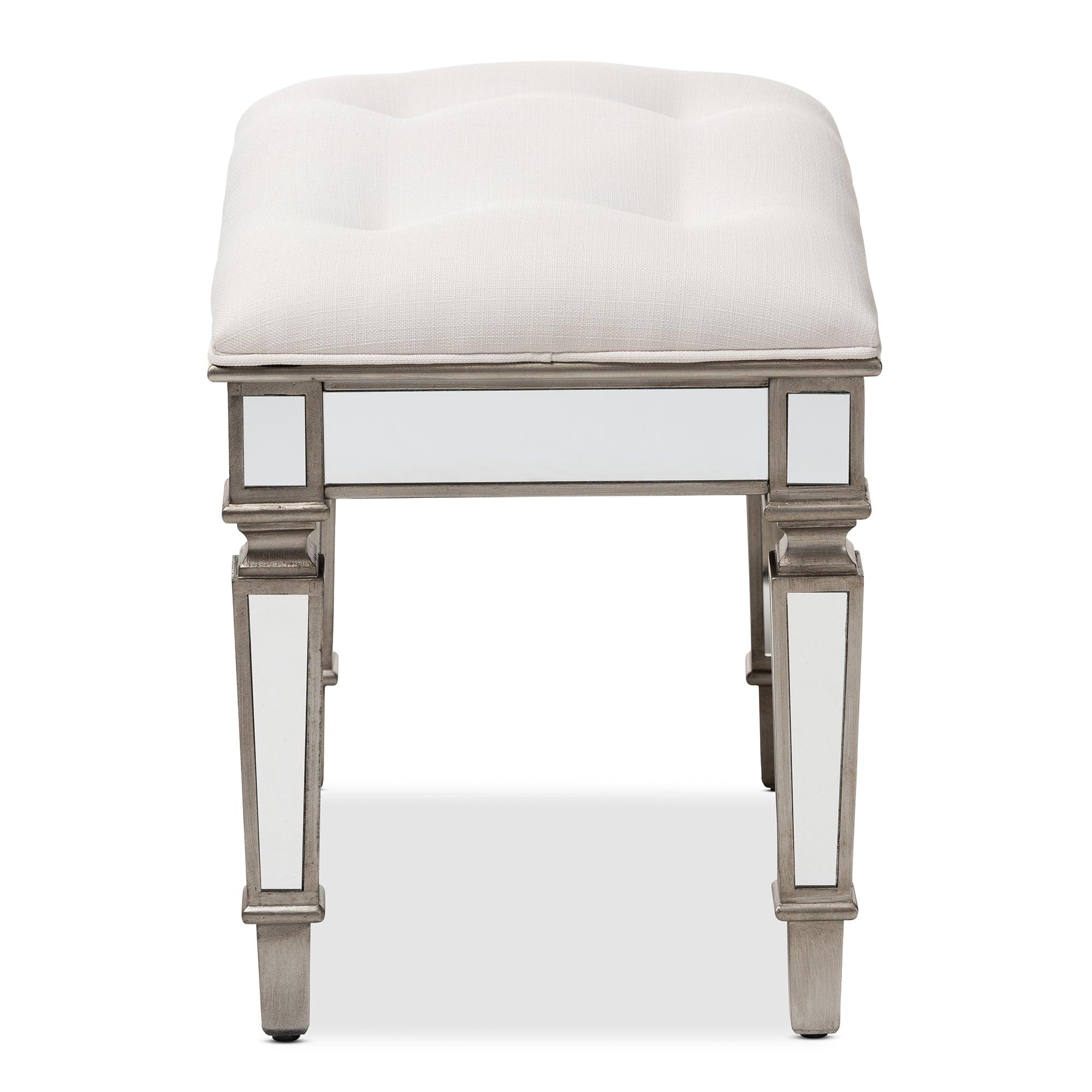 Marielle Hollywood Regency Glamour Style Off Fabric Upholstered Mirrored Ottoman