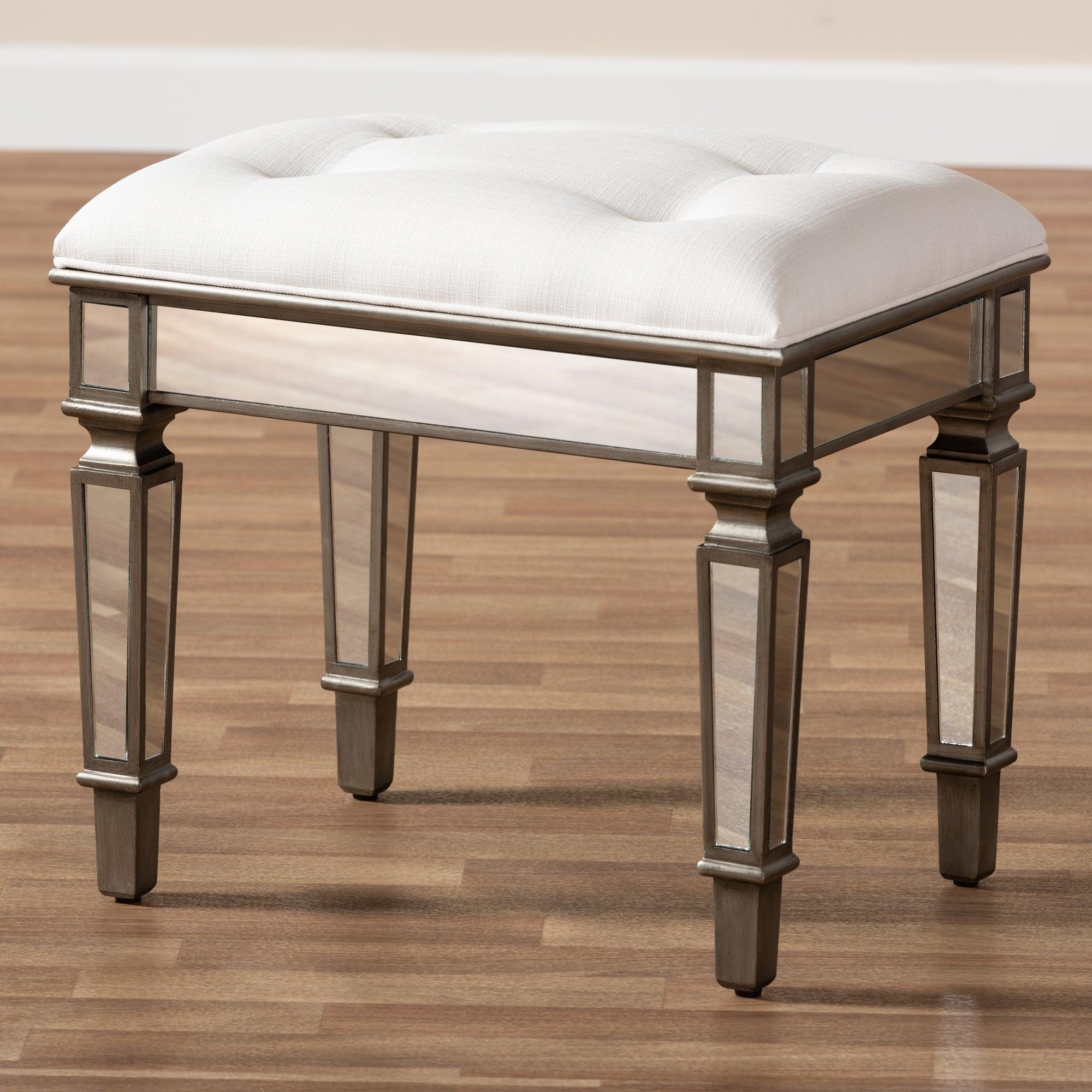 Marielle Hollywood Regency Glamour Style Off Fabric Upholstered Mirrored Ottoman
