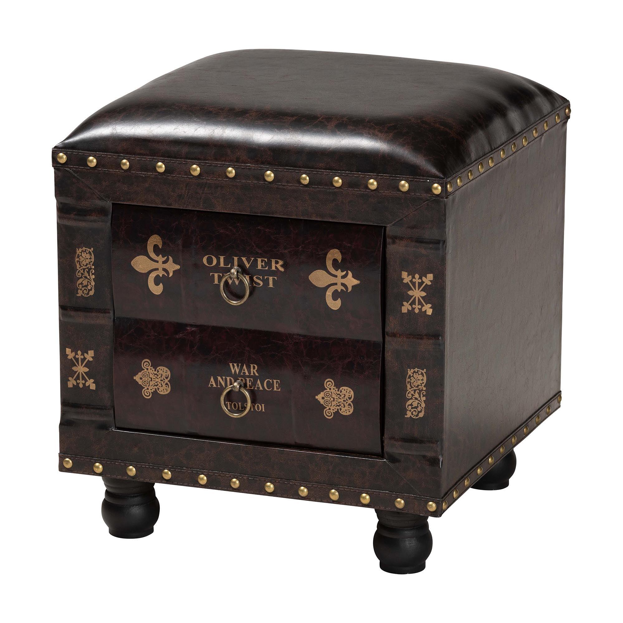 Charlier Rustic Antique Inspired Faux Leather Upholstered Wood Storage Ottoman