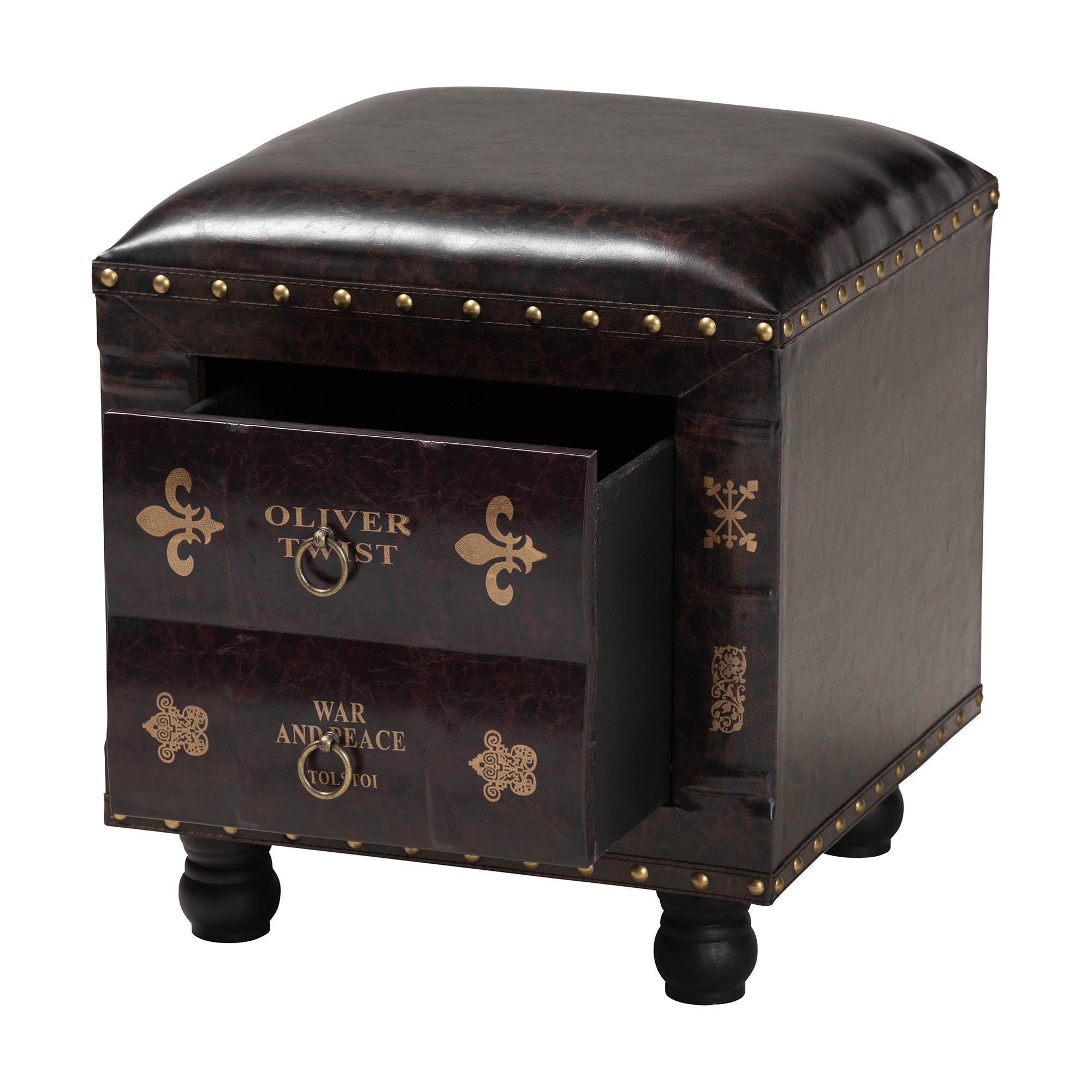 Charlier Rustic Antique Inspired Faux Leather Upholstered Wood Storage Ottoman