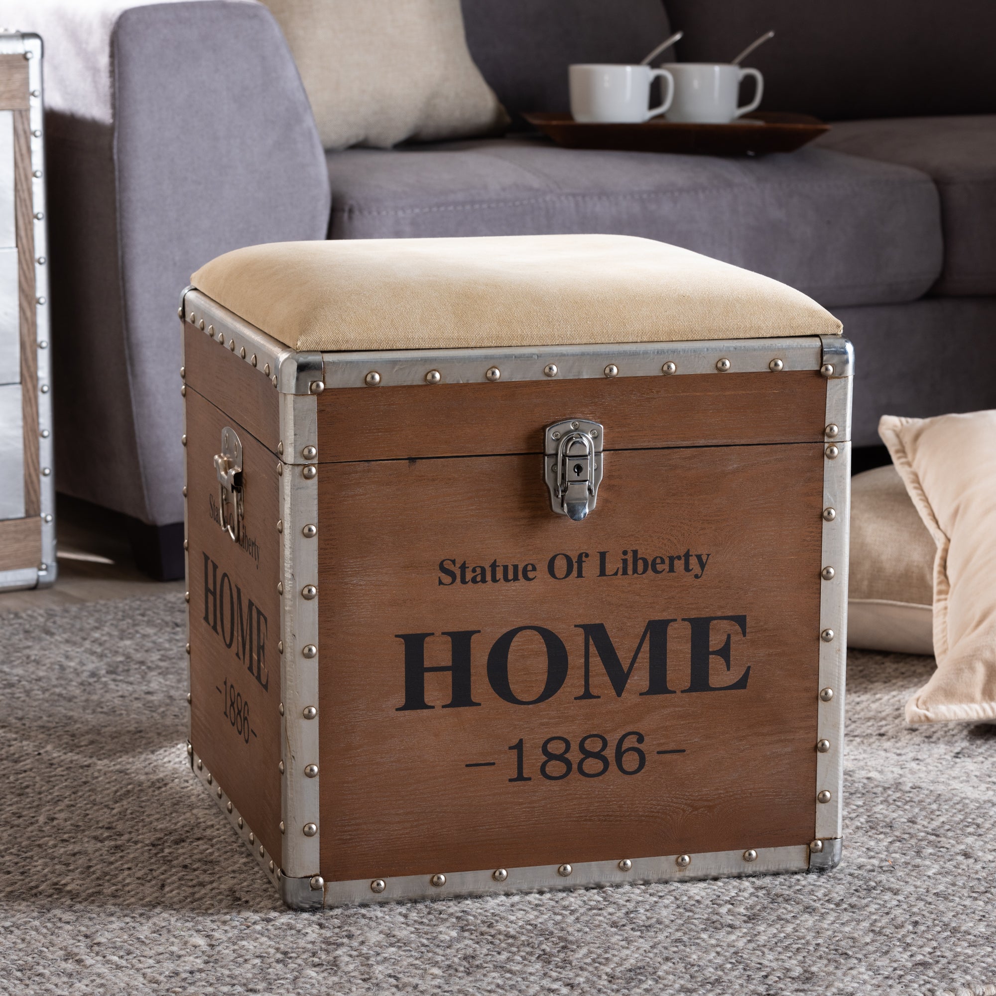 Violetta Vintage Industrial Fabric Upholstered Wood Storage Trunk