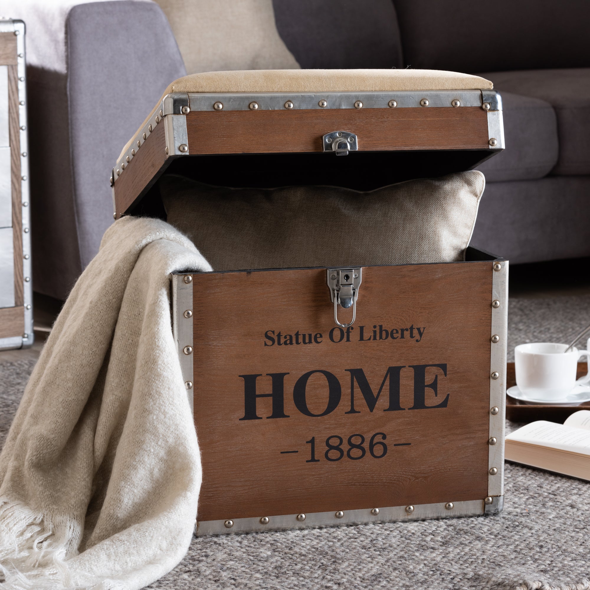 Violetta Vintage Industrial Fabric Upholstered Wood Storage Trunk