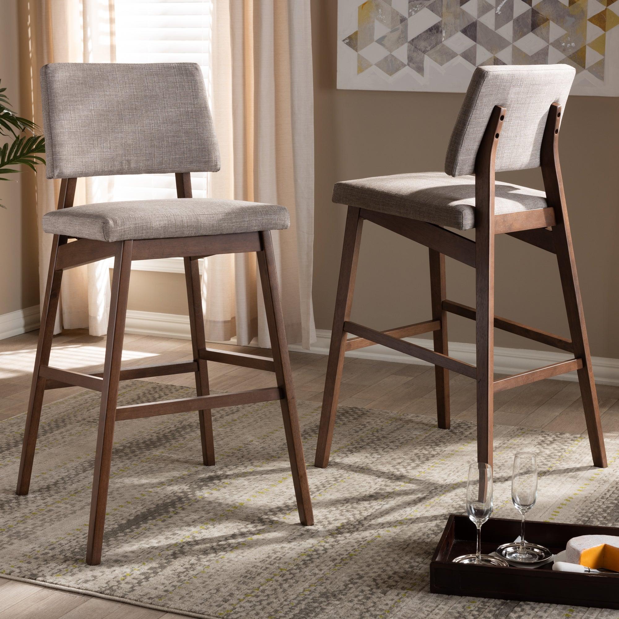 Colton Mid-Century Modern Light Fabric Upholstered and -Finished Wood Bar Stool Set of 2