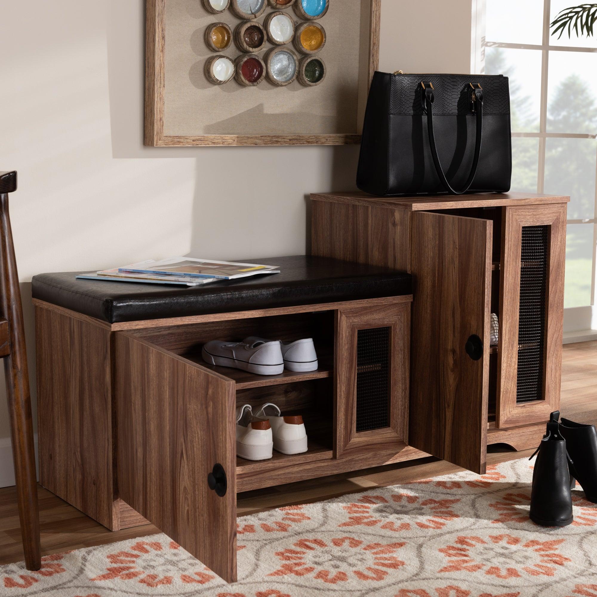 Valina Modern and Contemporary Faux Leather Upholstered 2-Door Wood Shoe Storage Bench with Cabinet