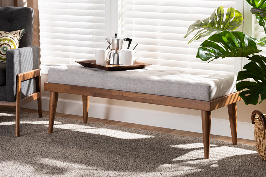 Linus Mid-Century Modern Fabric Upholstered and Button Tufted Wood Bench