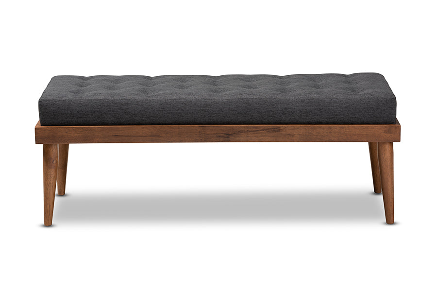 Linus Mid-Century Modern Fabric Upholstered and Button Tufted Wood Bench