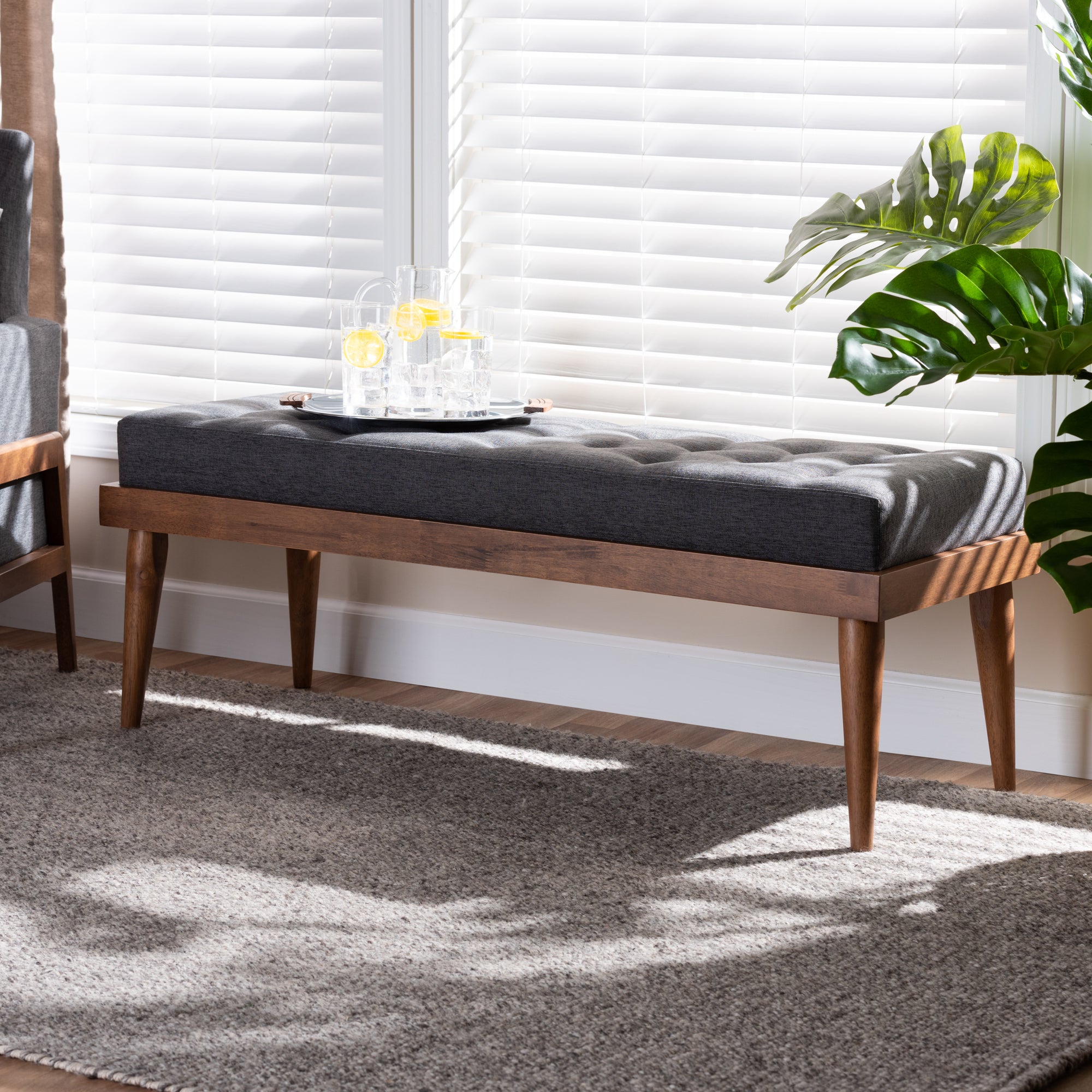 Linus Mid-Century Modern Fabric Upholstered and Button Tufted Wood Bench