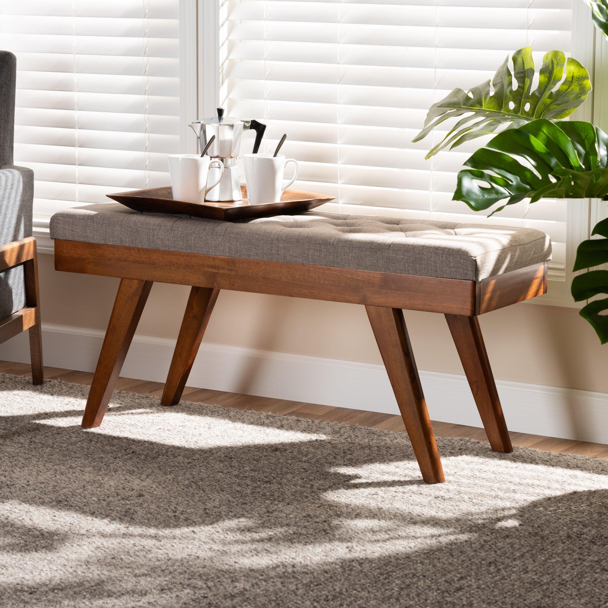 Alona Mid-Century Modern Light Fabric Upholstered Wood Dining Bench