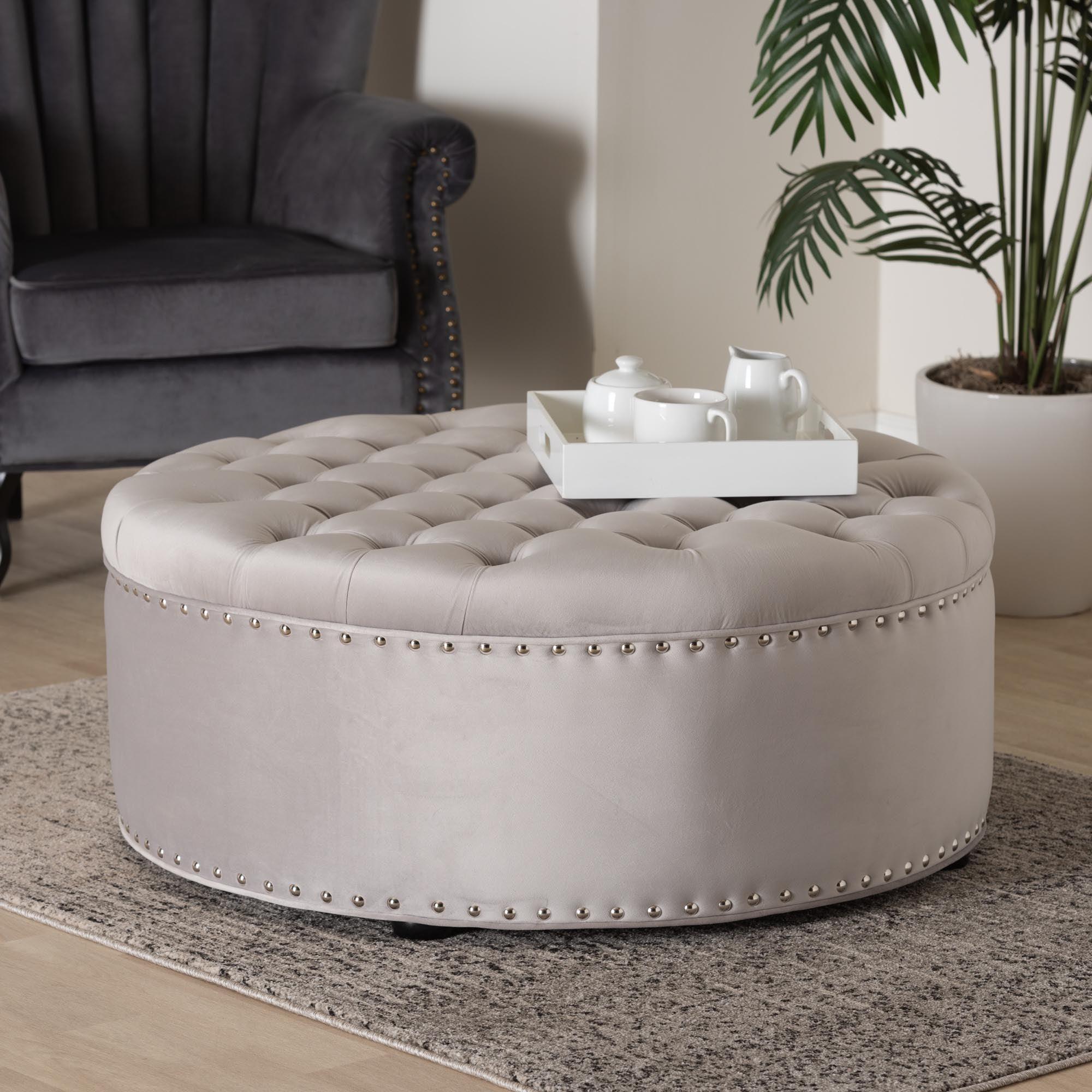 Iglehart Modern and Contemporary Light Velvet Fabric Upholstered Tufted Cocktail Ottoman