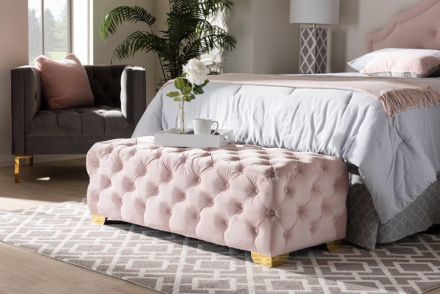 Avara Glam and Luxe Light Velvet Fabric Upholstered Finished Button Tufted Bench