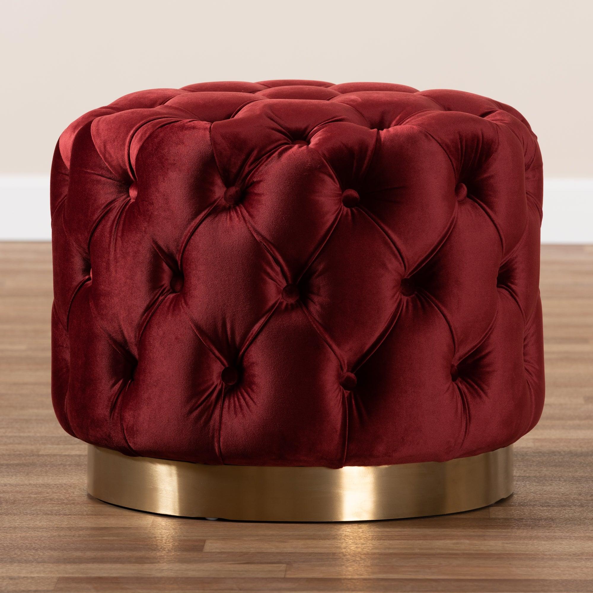 Valeria Glam Burgundy Velvet Fabric Upholstered -Finished Button Tufted Ottoman