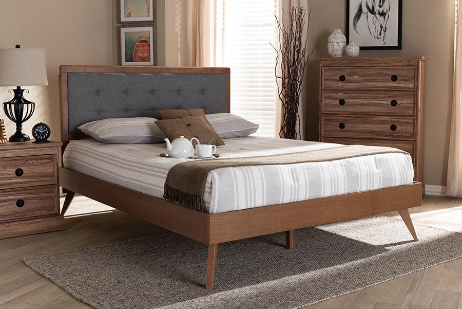 Ines Mid-Century Modern Fabric Upholstered Finished Wood Platform Bed