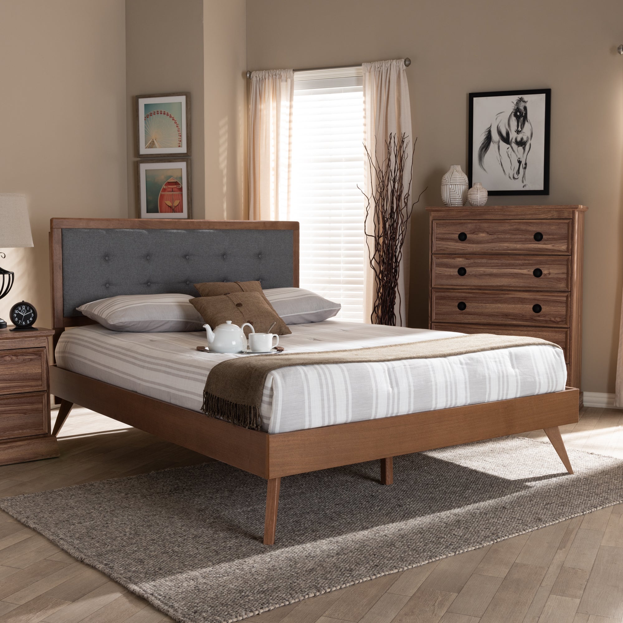 Ines Mid-Century Modern Fabric Upholstered Finished Wood Platform Bed