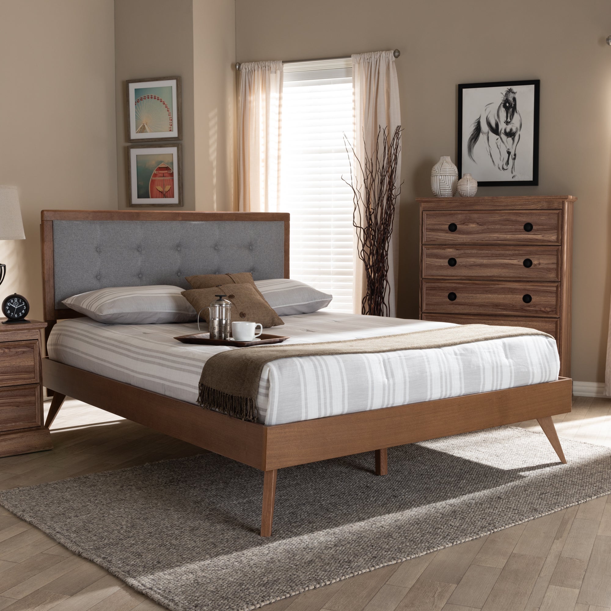 Ines Mid-Century Modern Fabric Upholstered Finished Wood Platform Bed