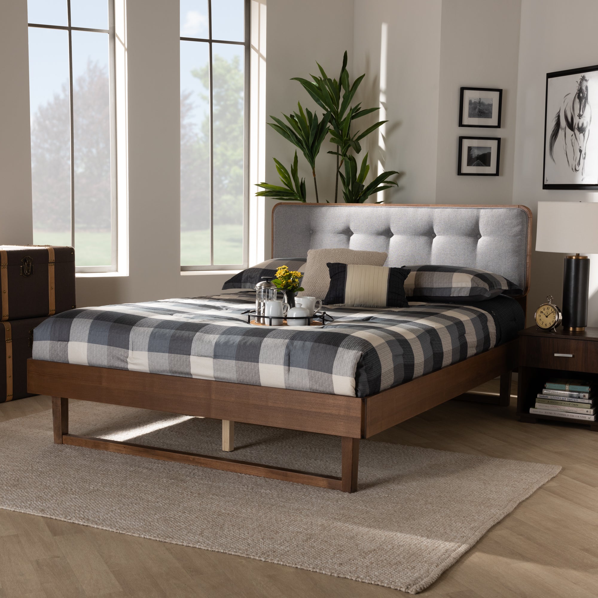 Natalia Mid-Century Modern Light Fabric Upholstered and Ash Finished Wood Platform Bed