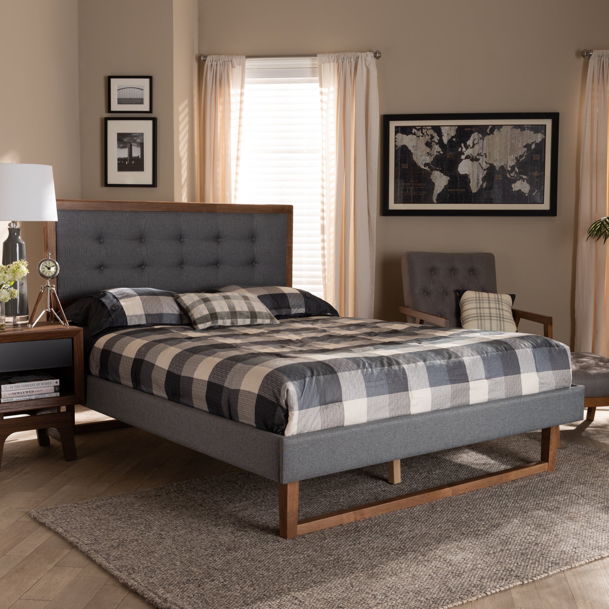 Emele Modern Transitional Dark Fabric Upholstered and Ash Finished Wood Platform Bed