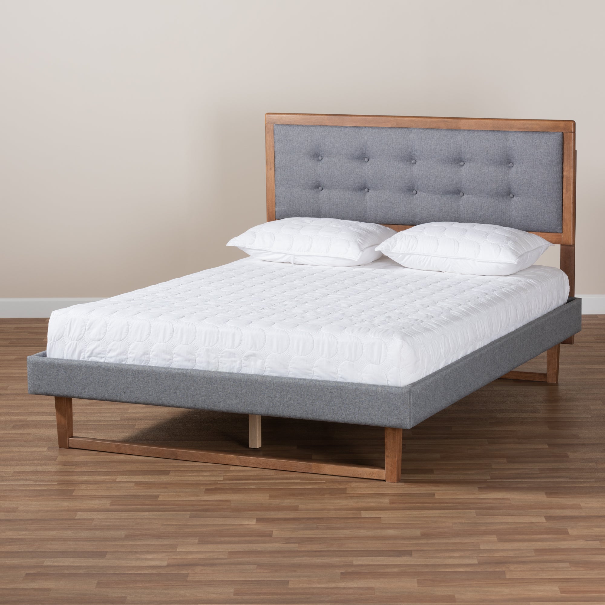 Emele Modern Transitional Dark Fabric Upholstered and Ash Finished Wood Platform Bed