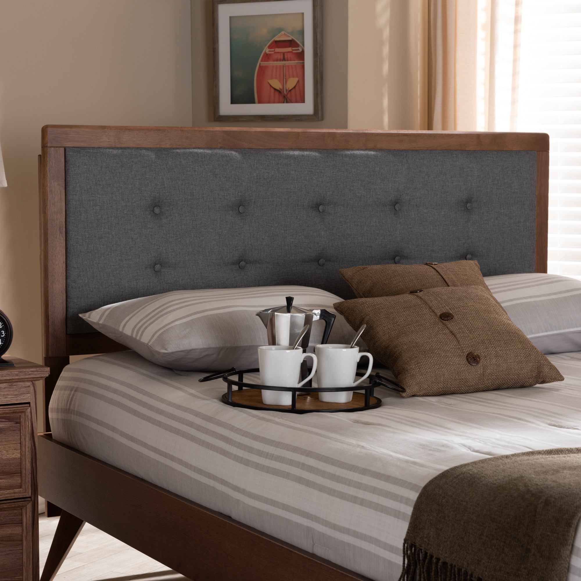 Sarine Mid-Century Modern Fabric Upholstered Finished Wood Headboard