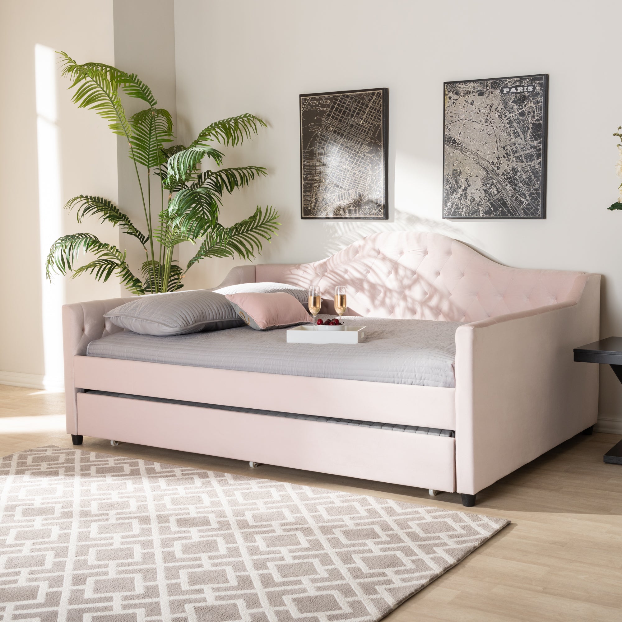 Perry Modern and Contemporary Light Velvet Fabric Upholstered and Button Tufted Daybed