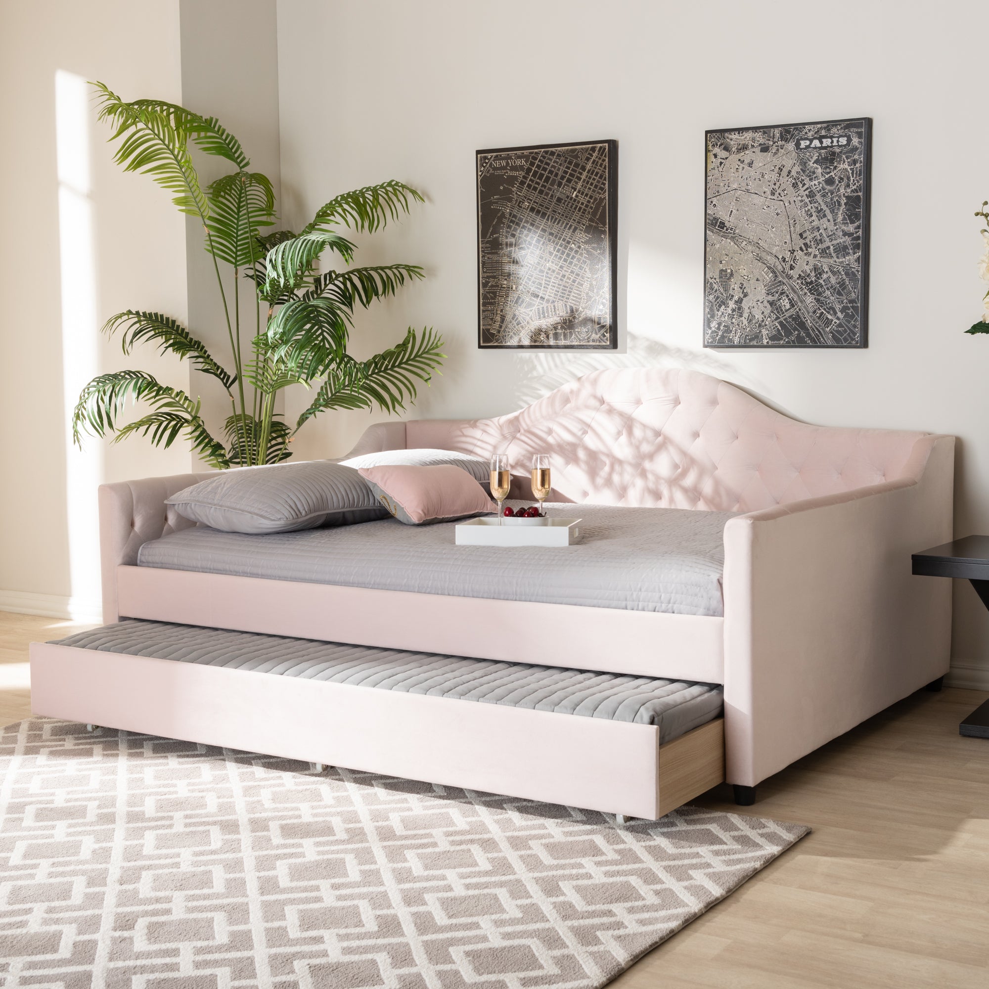 Perry Modern and Contemporary Light Velvet Fabric Upholstered and Button Tufted Daybed