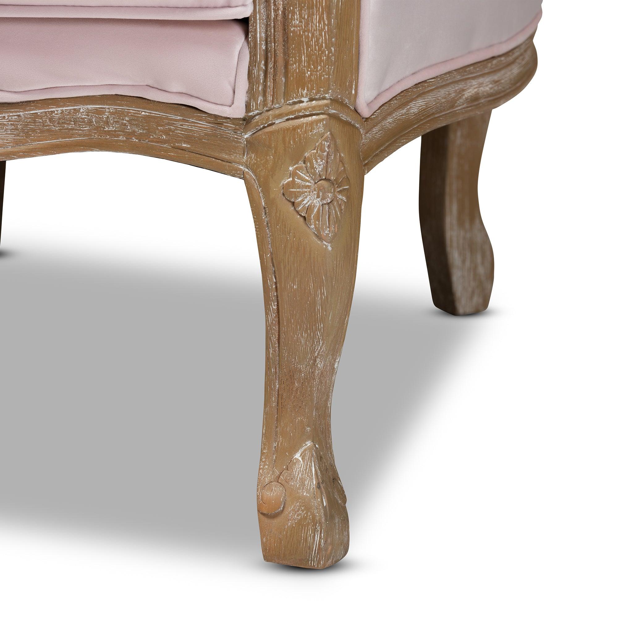 Genevieve Traditional French Provincial Light Velvet Upholstered -Washed Wood Armchair