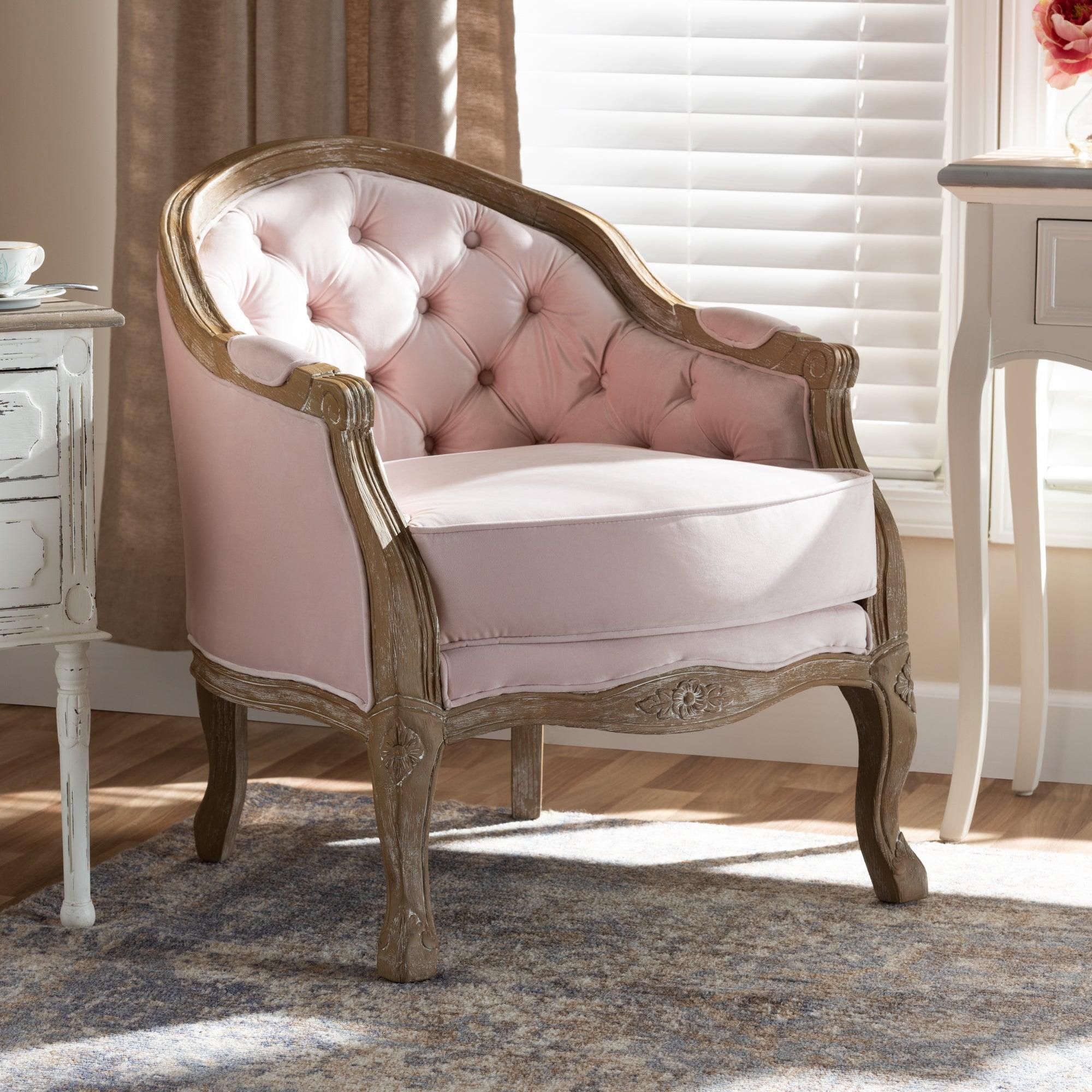 Genevieve Traditional French Provincial Light Velvet Upholstered -Washed Wood Armchair