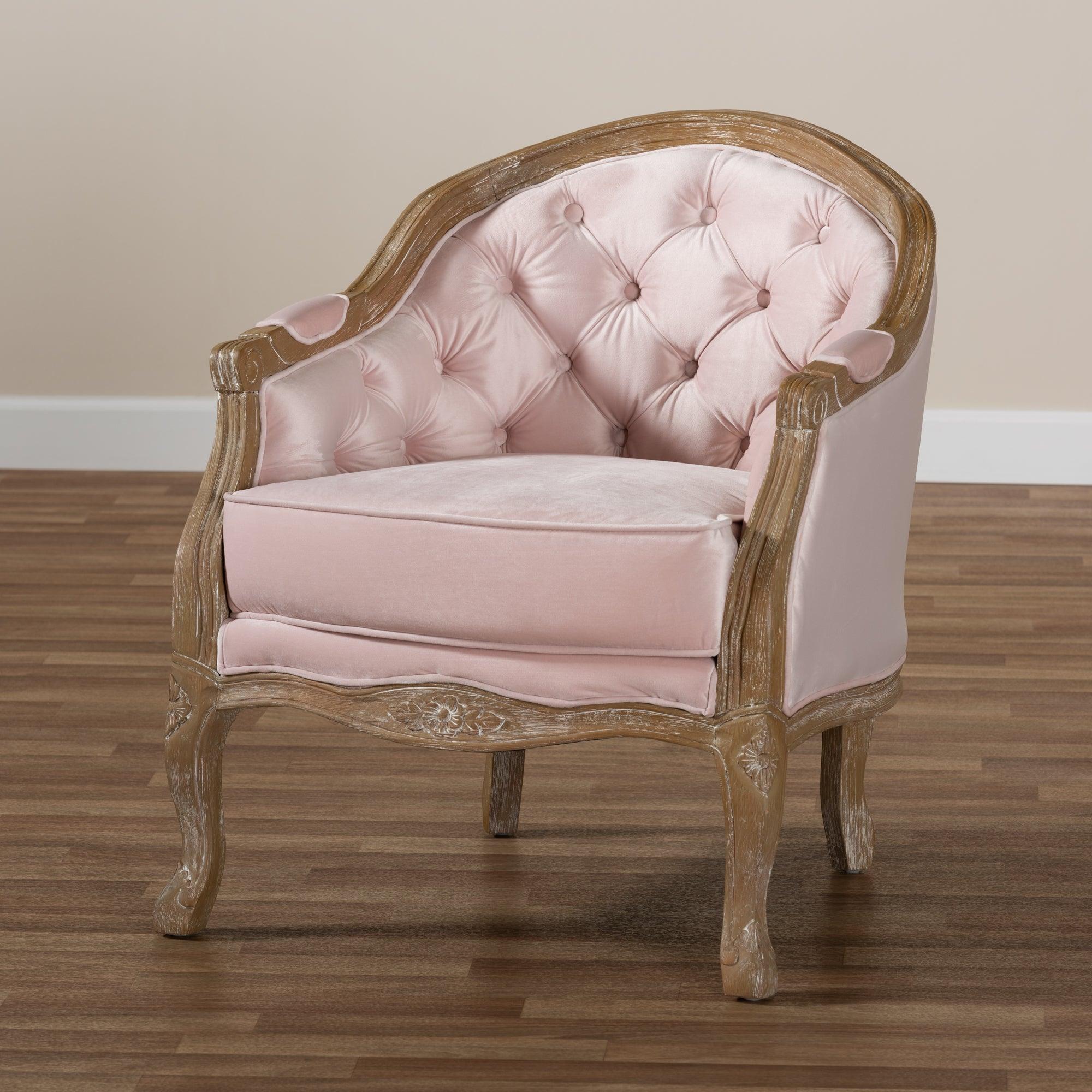Genevieve Traditional French Provincial Light Velvet Upholstered -Washed Wood Armchair