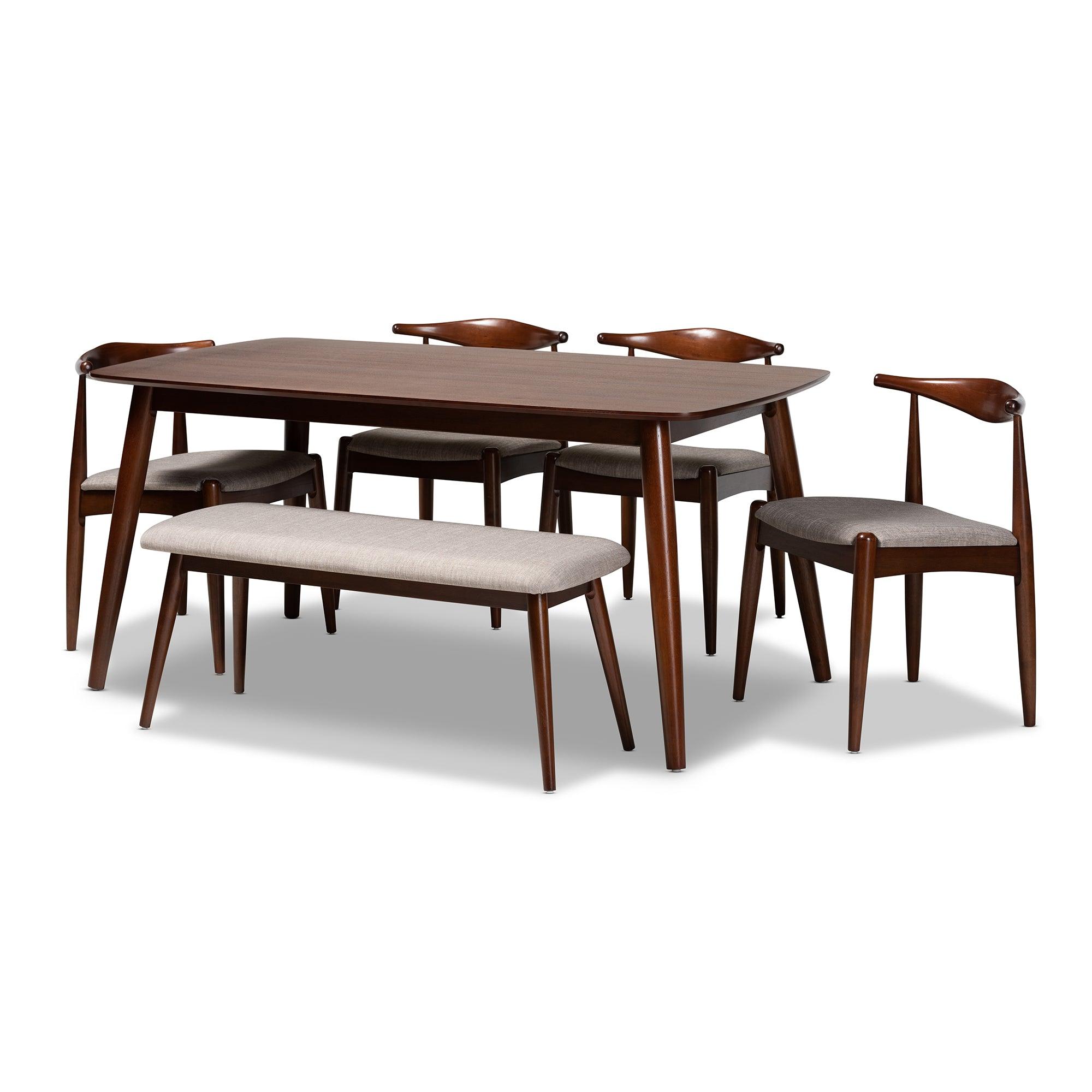 Amato Mid-Century Modern Light Fabric Upholstered Finished Wood 6-Piece Dining Set