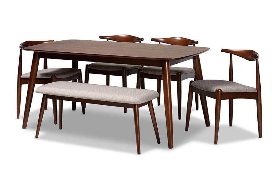 Amato Mid-Century Modern Light Fabric Upholstered Finished Wood 6-Piece Dining Set