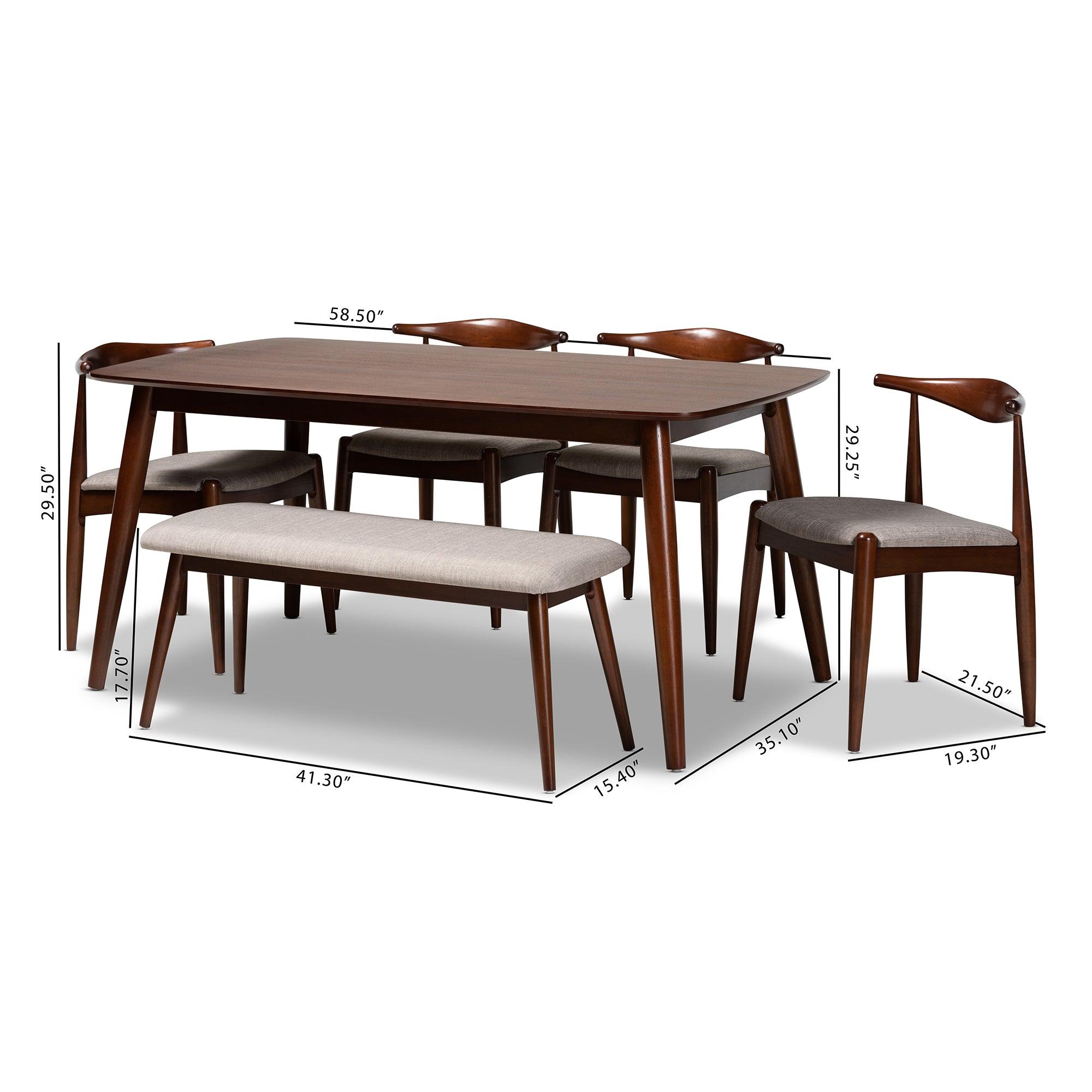 Amato Mid-Century Modern Light Fabric Upholstered Finished Wood 6-Piece Dining Set
