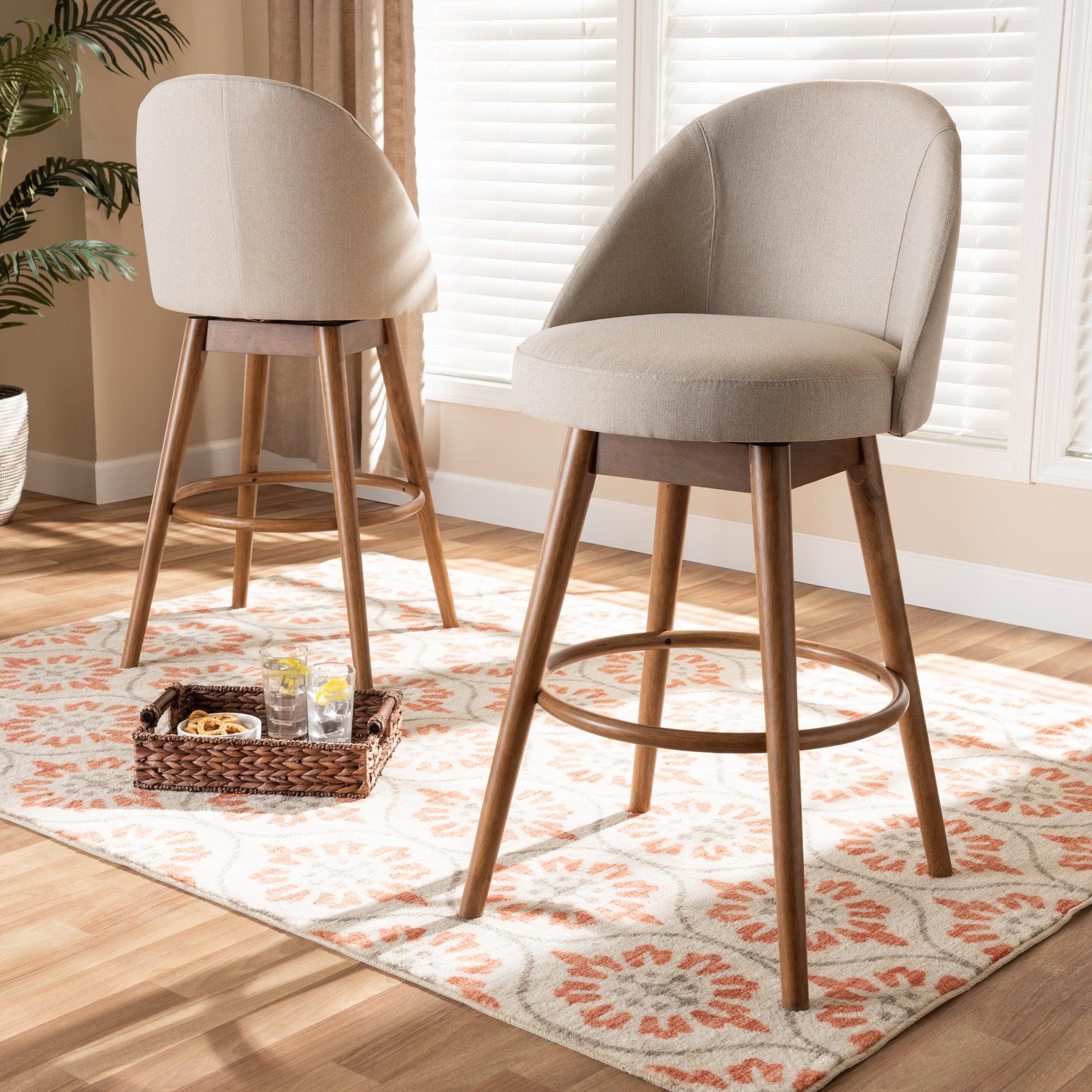 Carra Mid-Century Modern Light Fabric Upholstered -Finished Wood 2-Piece Swivel Bar Stool Set