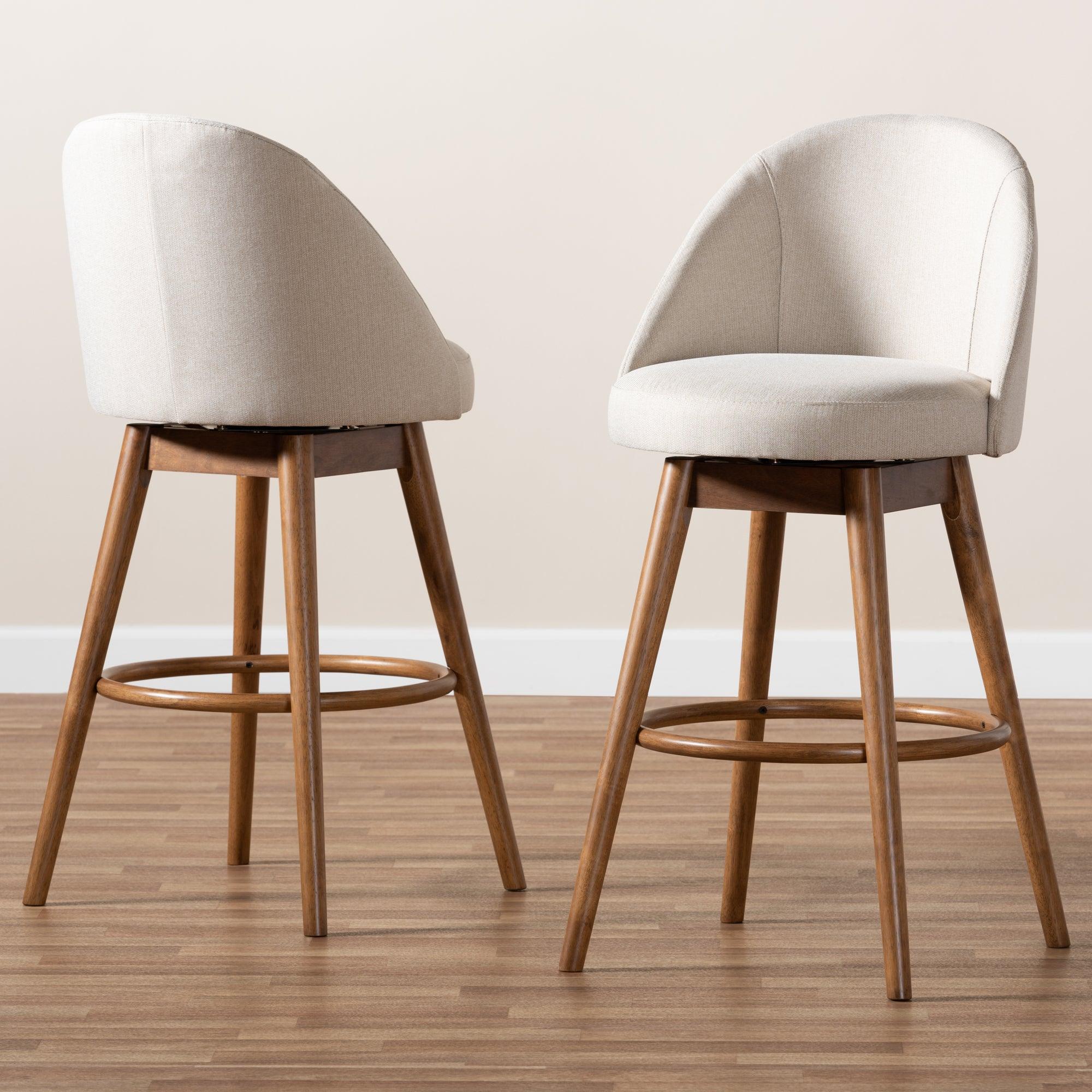 Carra Mid-Century Modern Light Fabric Upholstered -Finished Wood 2-Piece Swivel Bar Stool Set