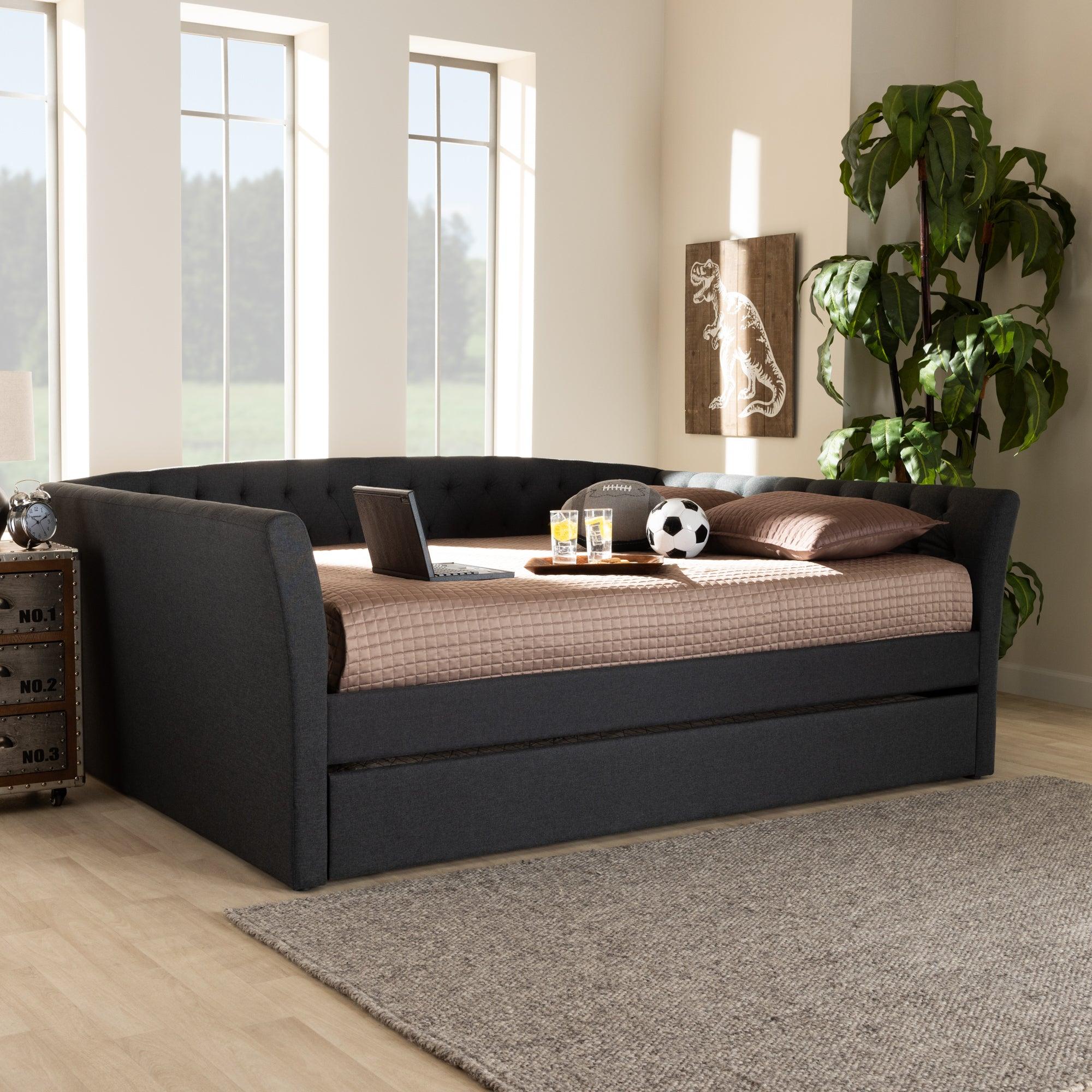Delora Modern and Contemporary Dark Fabric Upholstered Daybed with Roll-Out Trundle Bed