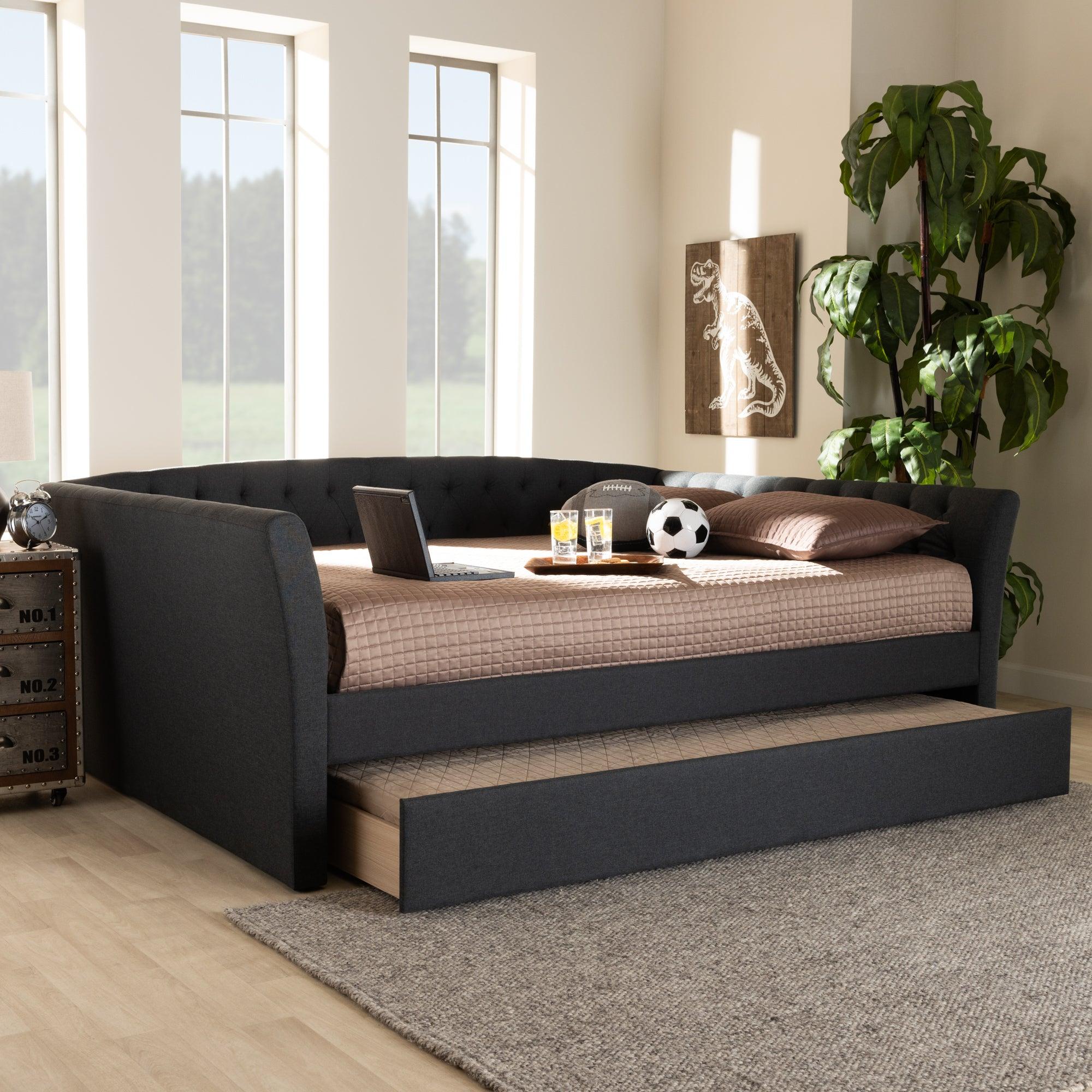 Delora Modern and Contemporary Dark Fabric Upholstered Daybed with Roll-Out Trundle Bed